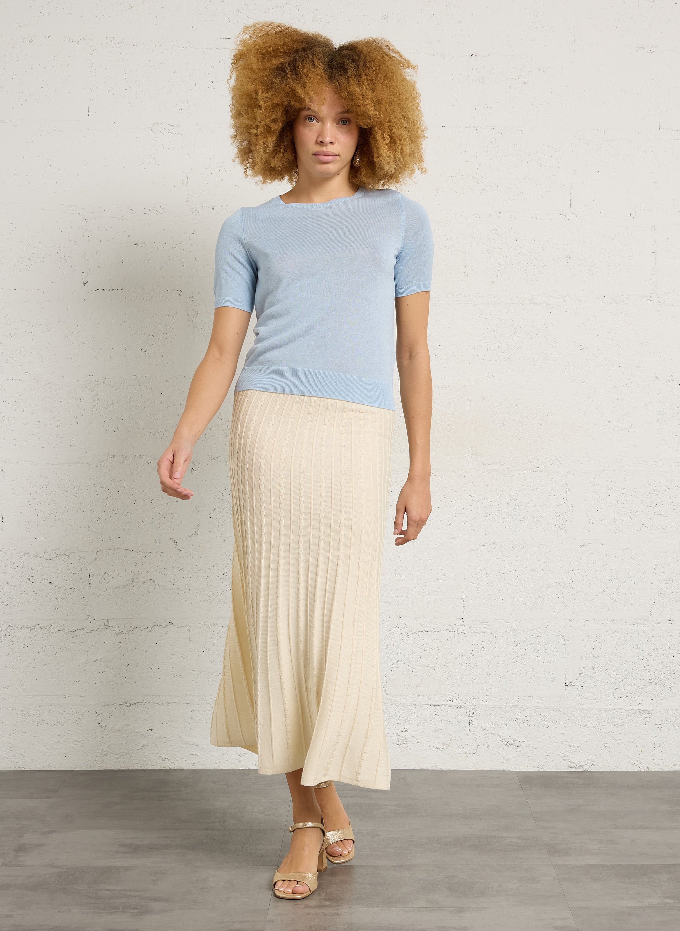 Short-sleeved knit sweater in solid fine knit MAISON 123 Blue