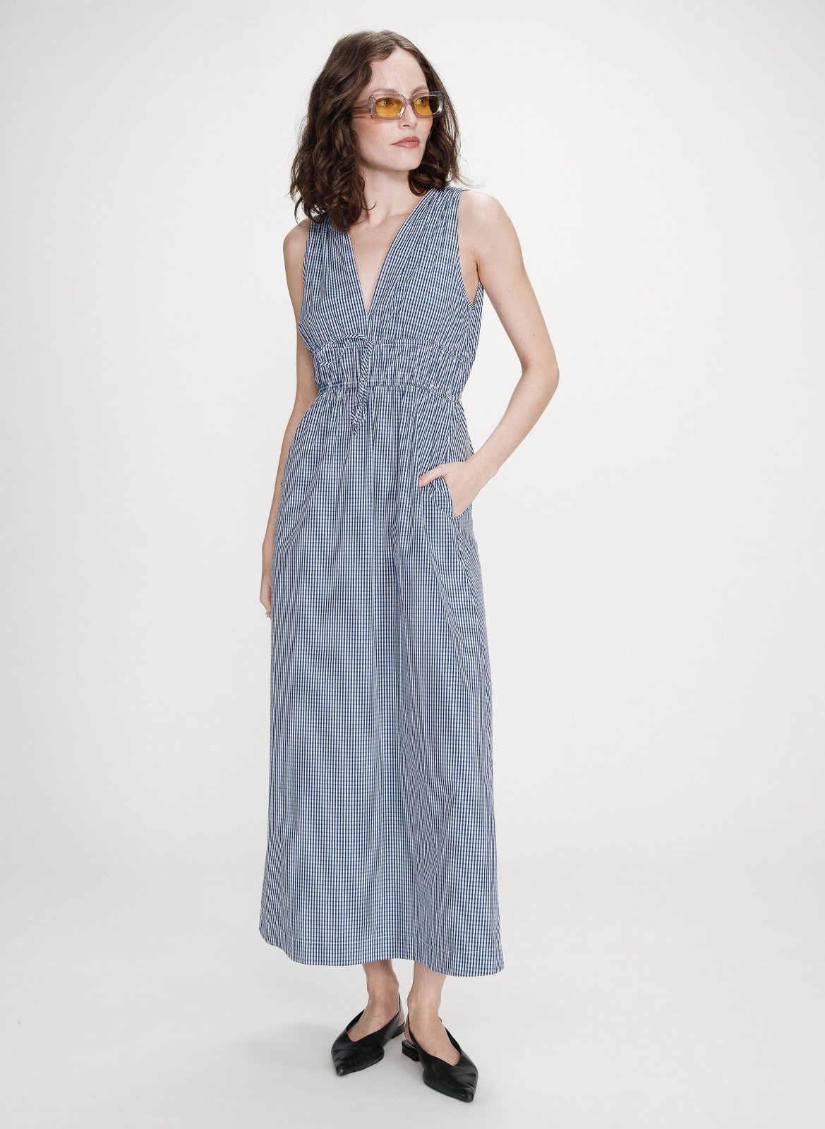 Robe longue col V à carreaux GRACE ET MILA Bleu