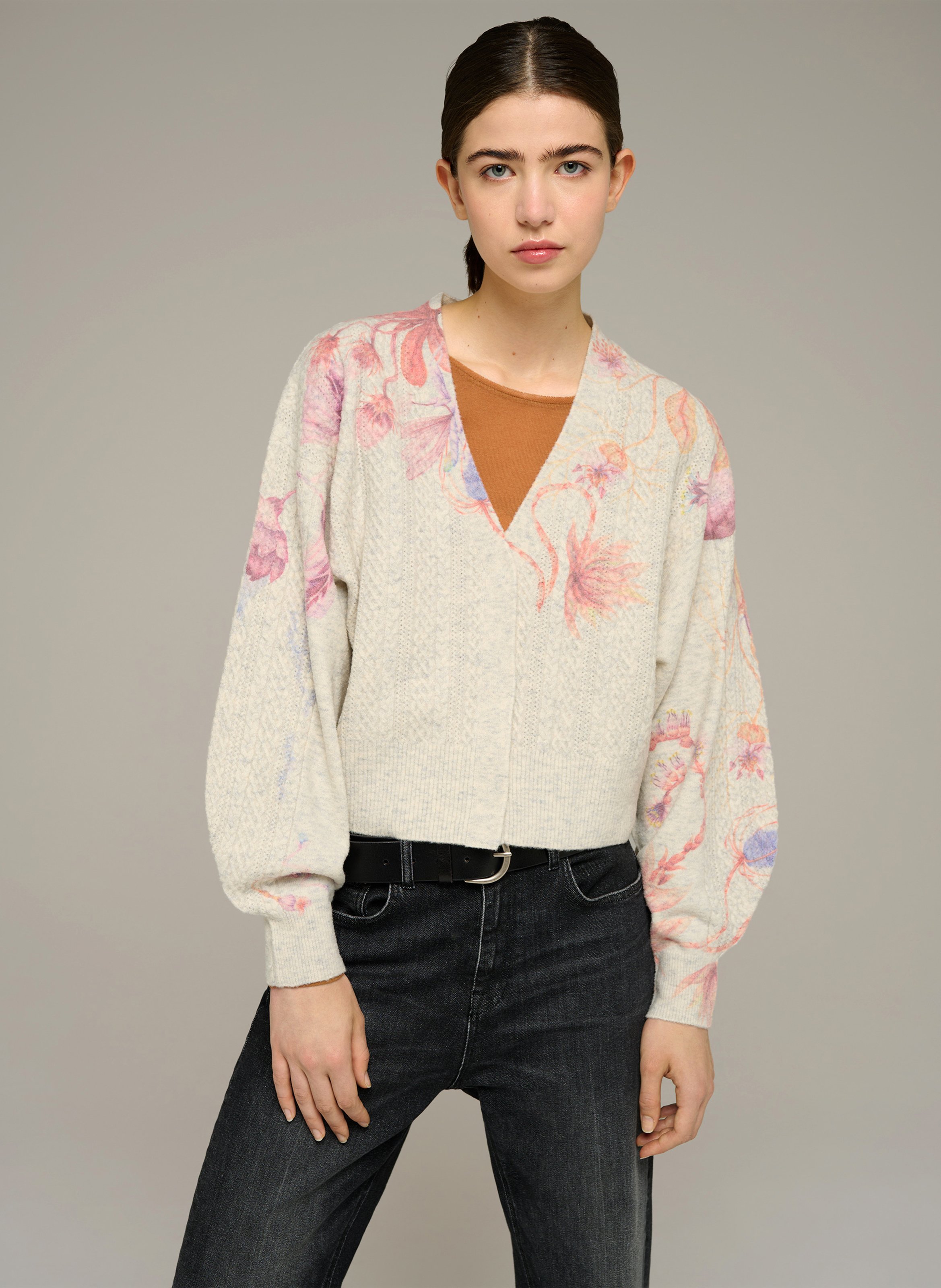 Cardigan droit col v imprimé en laine mélangée COTELAC Grijs
