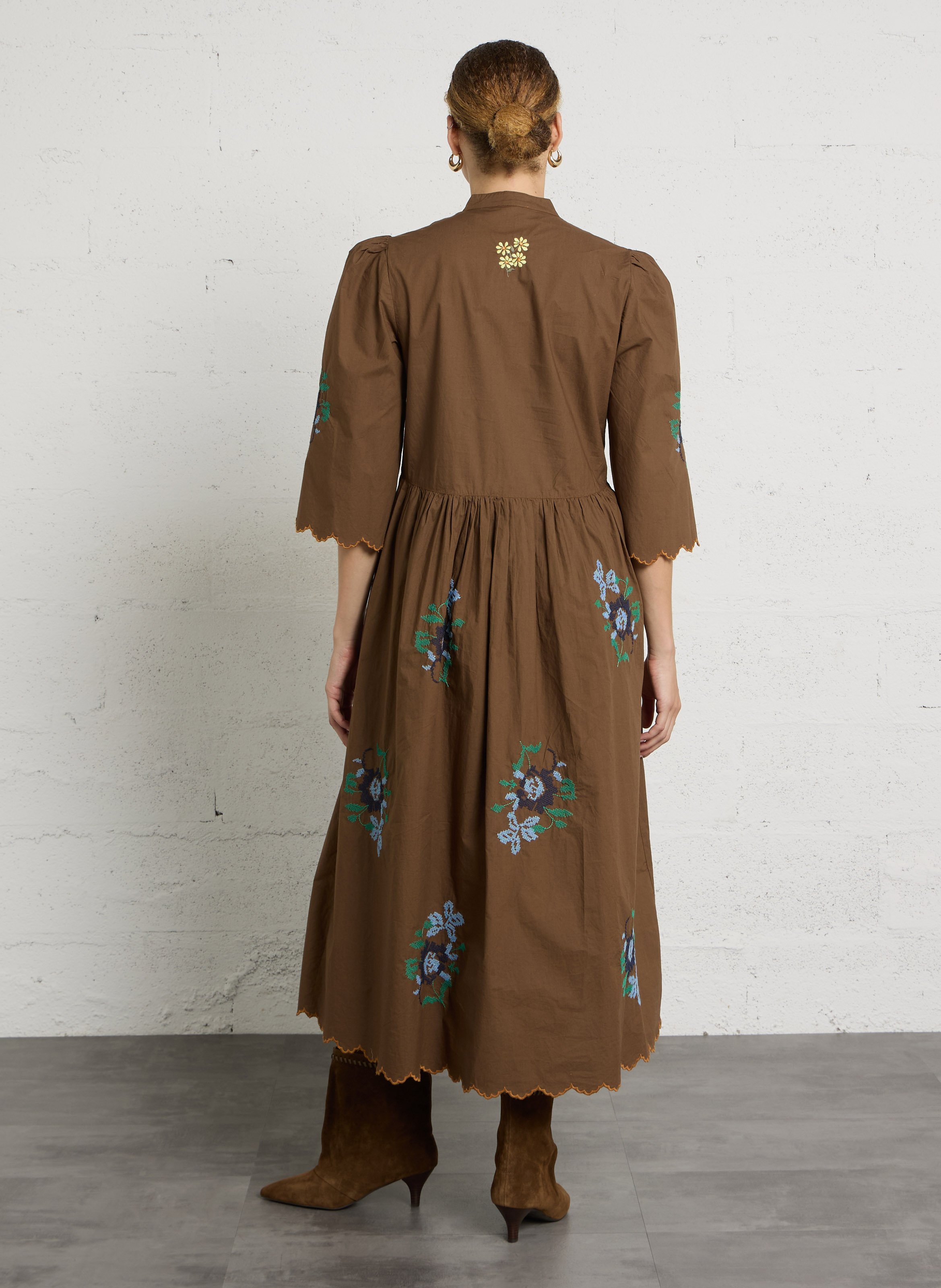 Long organic cotton V-neck dress STELLA NOVA Brown