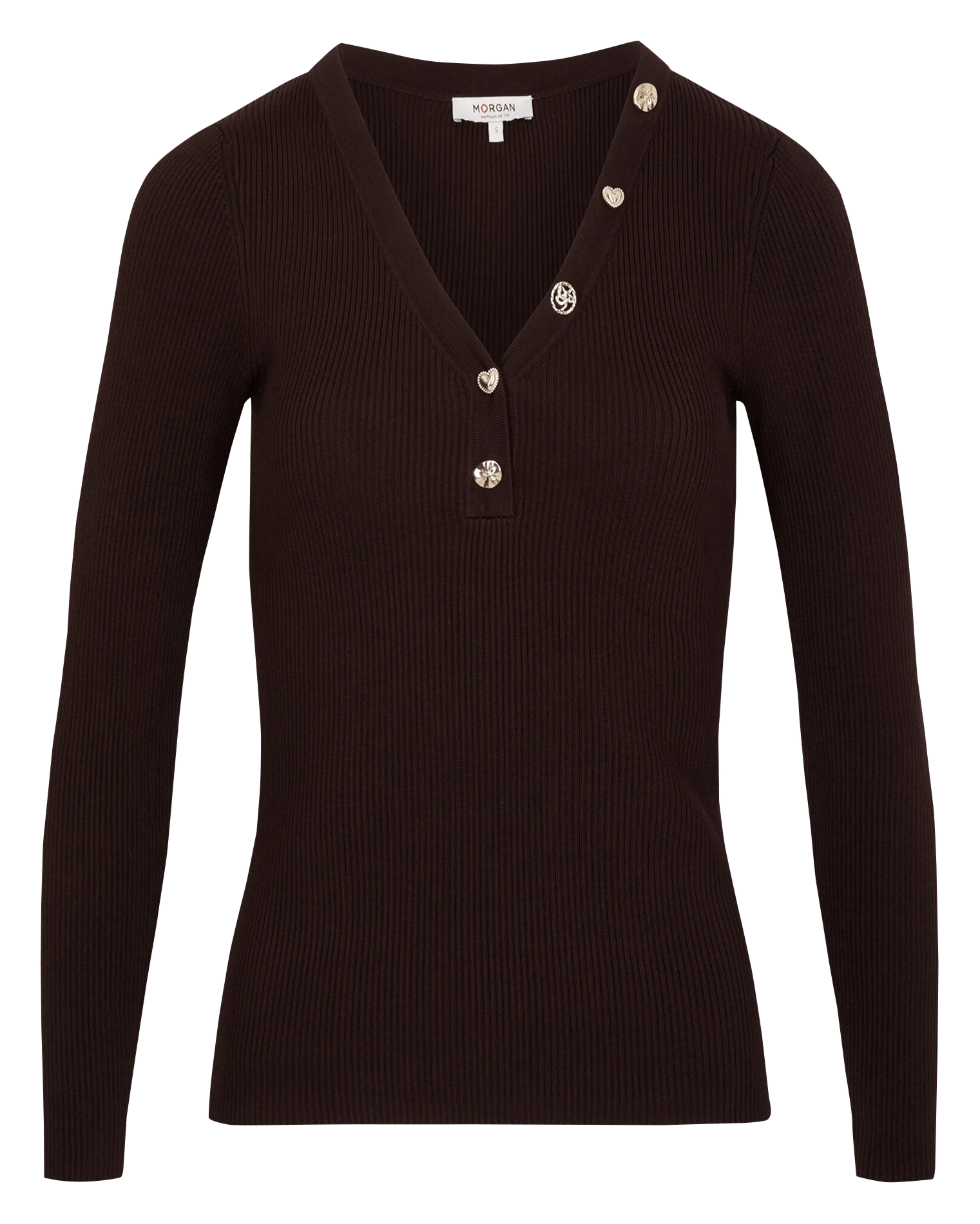 Buttoned V-neck solid color sweater | Brown MORGAN Women