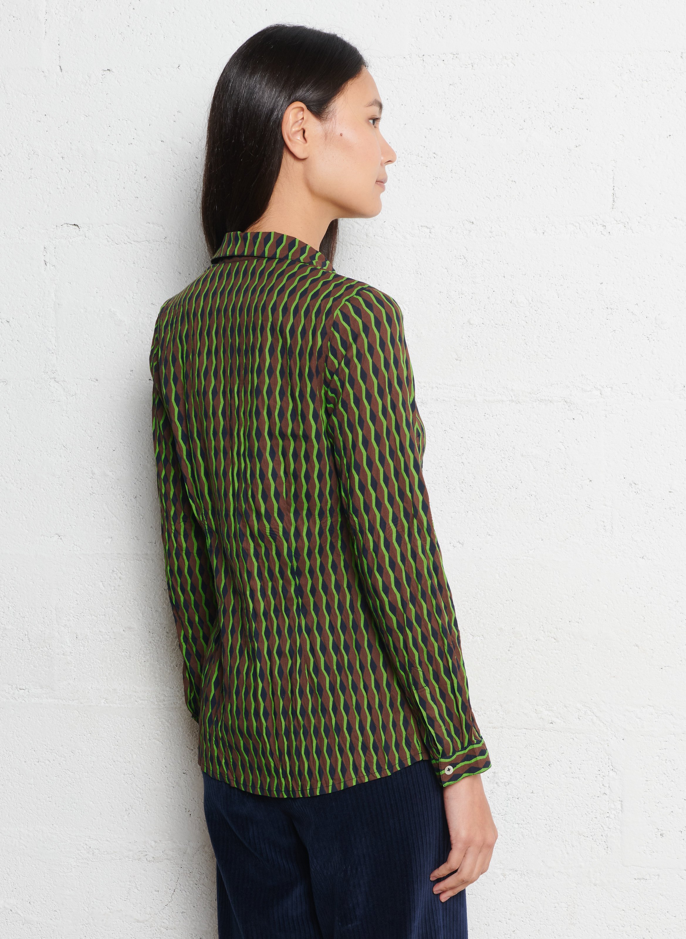 Chemise cintrée imprimé zigzag en coton froissé NICE THINGS Bleu