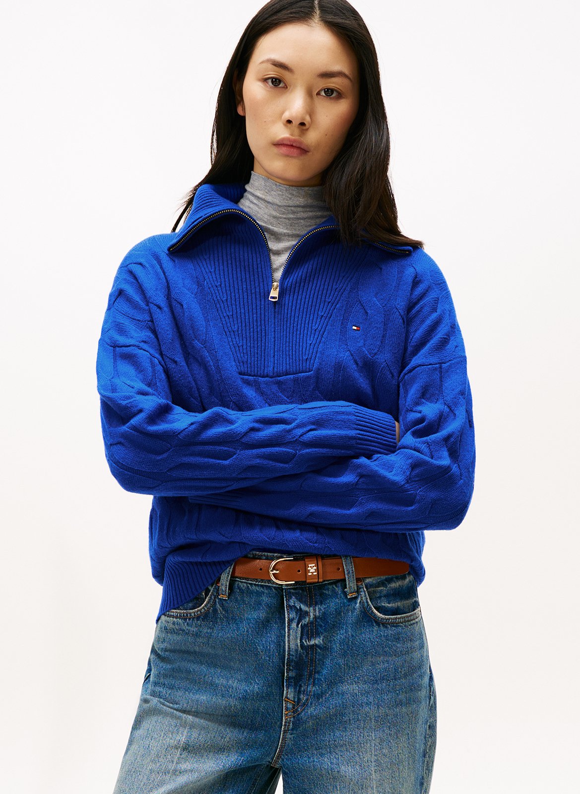 Pull col zippé en maille tressée TOMMY HILFIGER Bleu