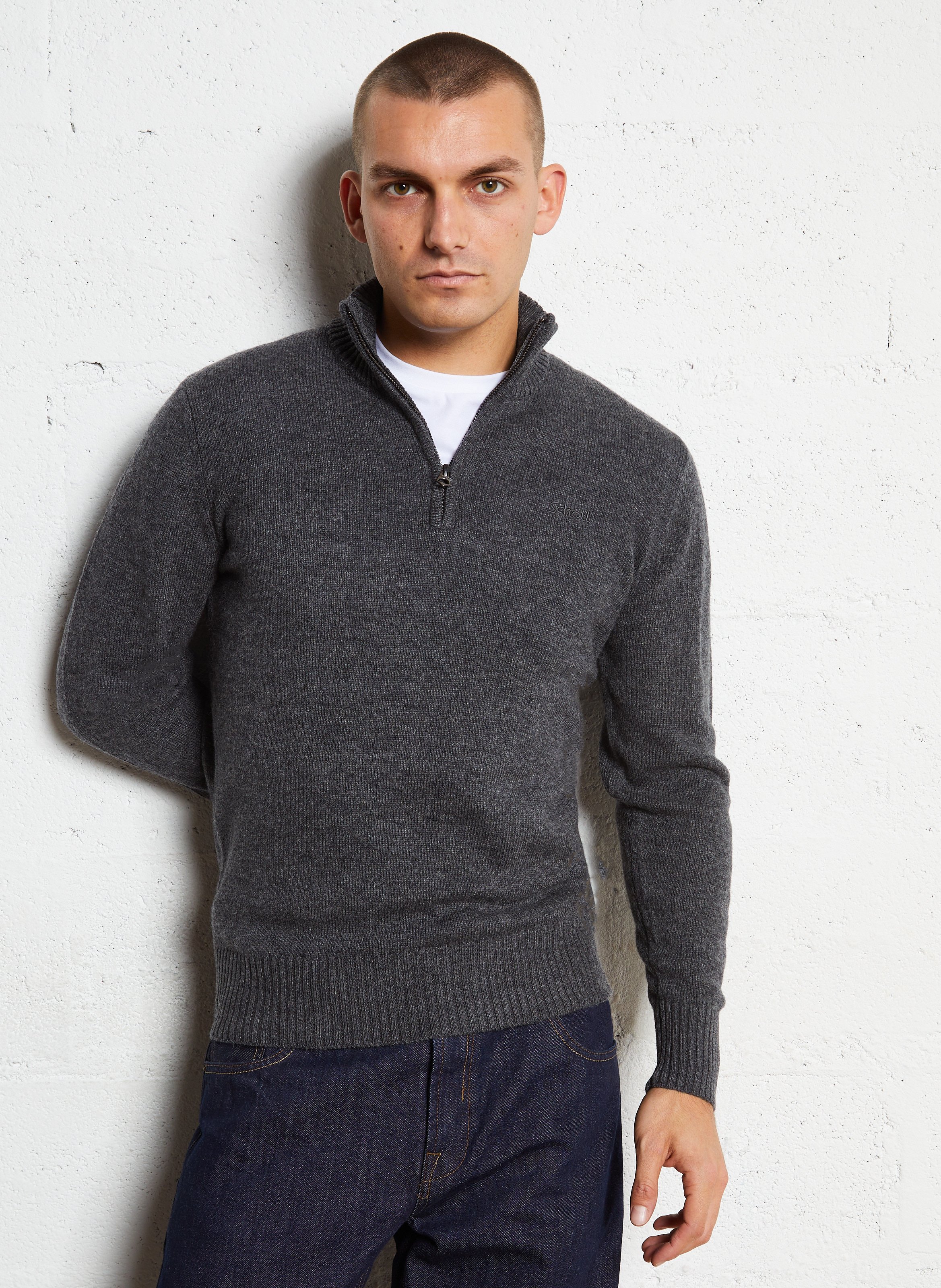 Pull droit col montant brodé en laine mélangée SCHOTT