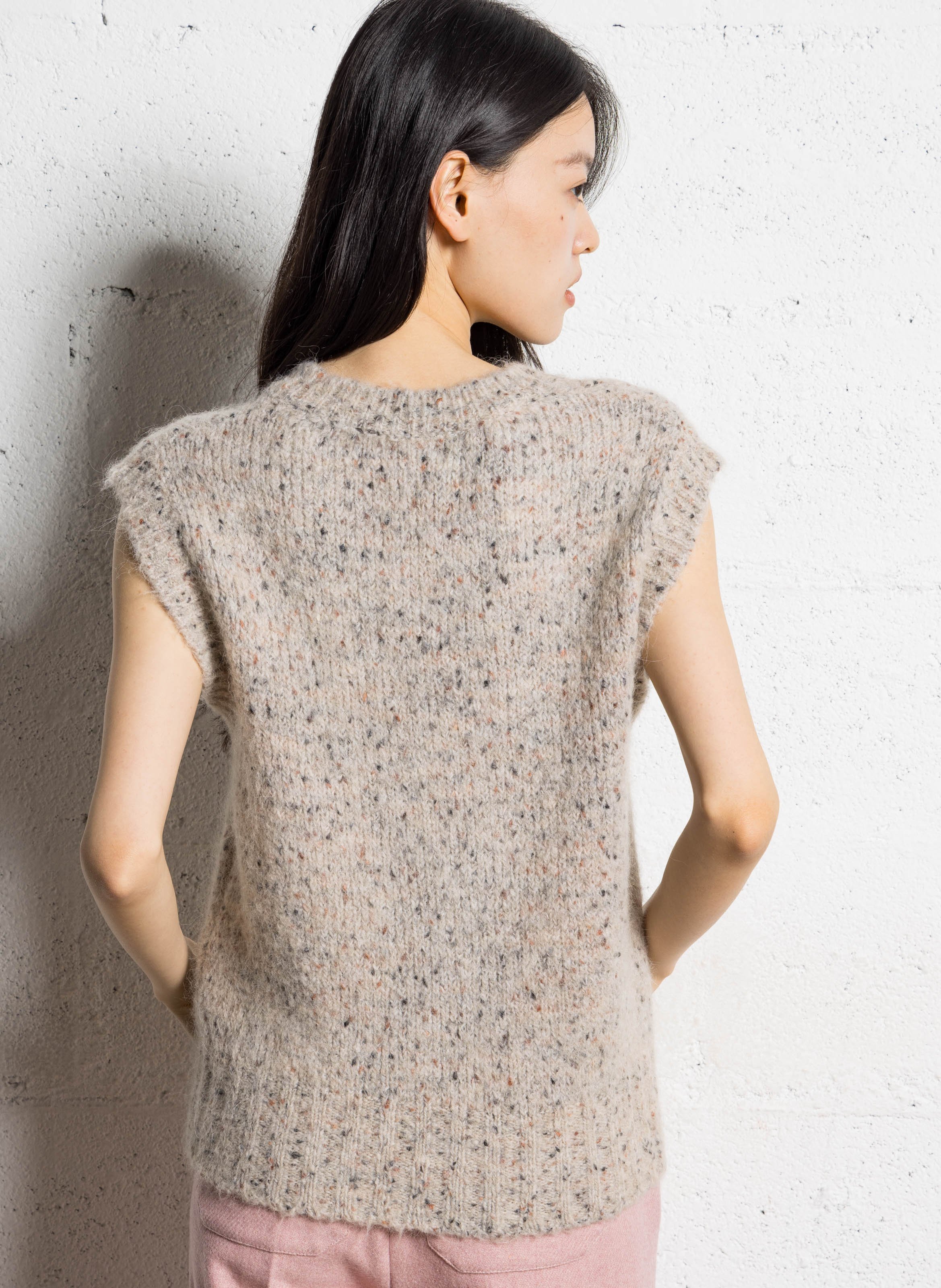 Pull sans manches col V en maille chinée MAISON 123 Beige