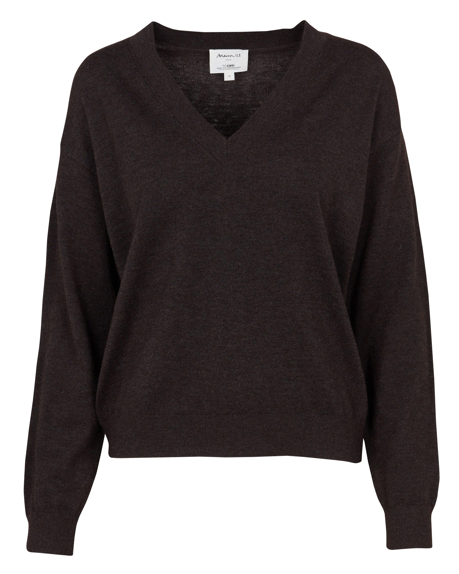 Pull droit col V en maille mélangée BOB Marron fonce