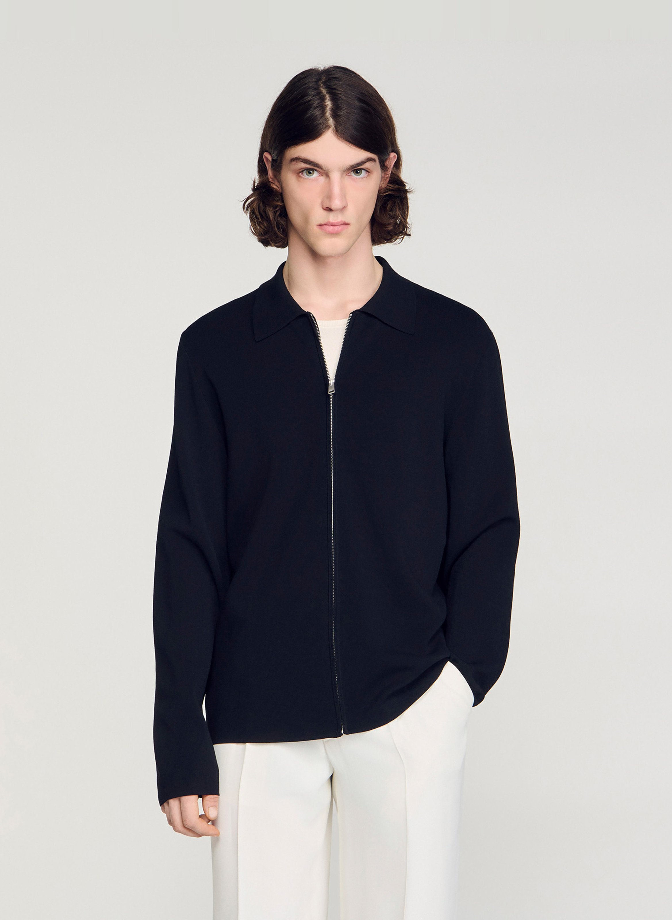Cardigan droit zippé uni SANDRO Noir