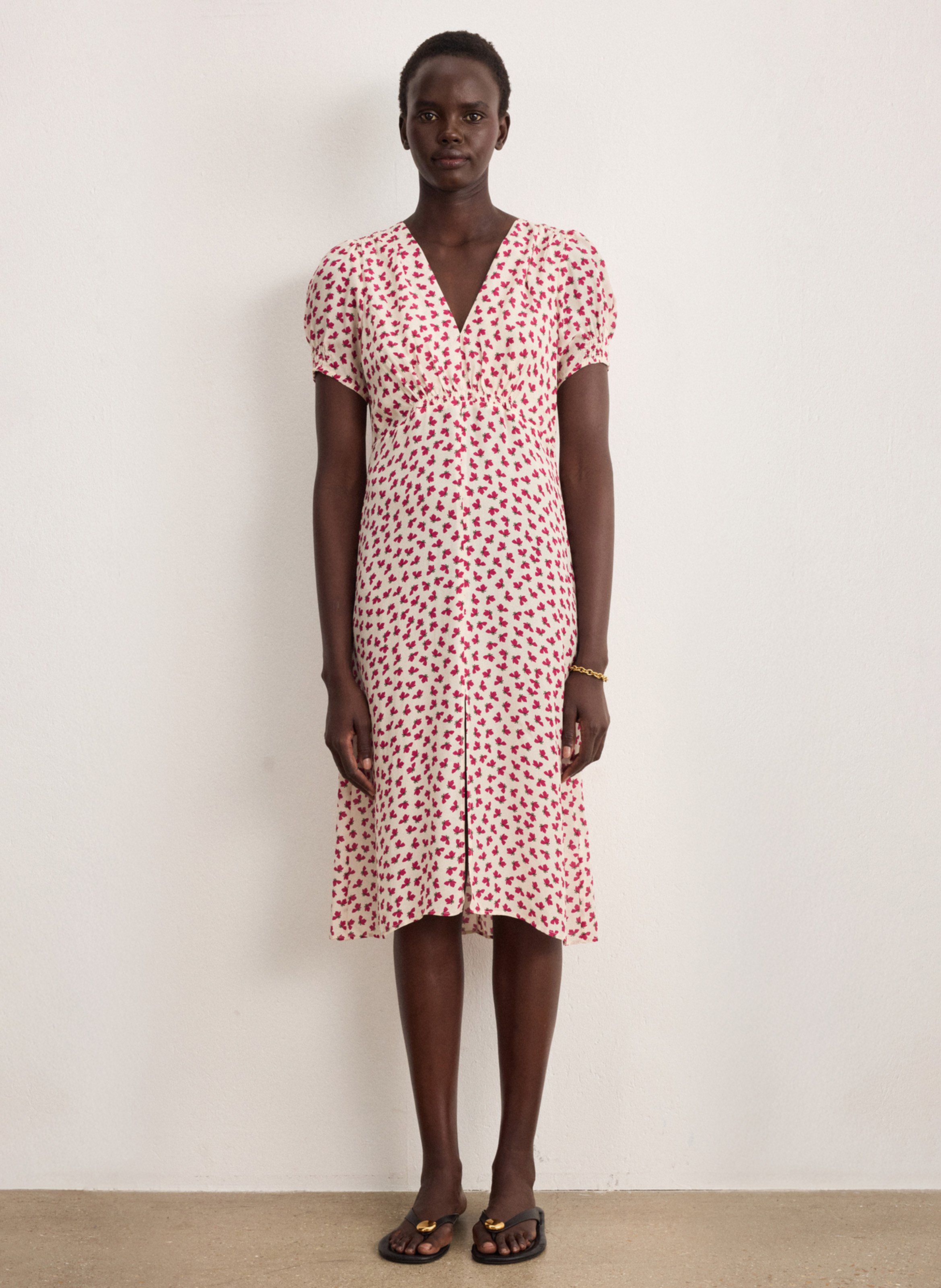 Robe longue col V imprimée PABLO Beige