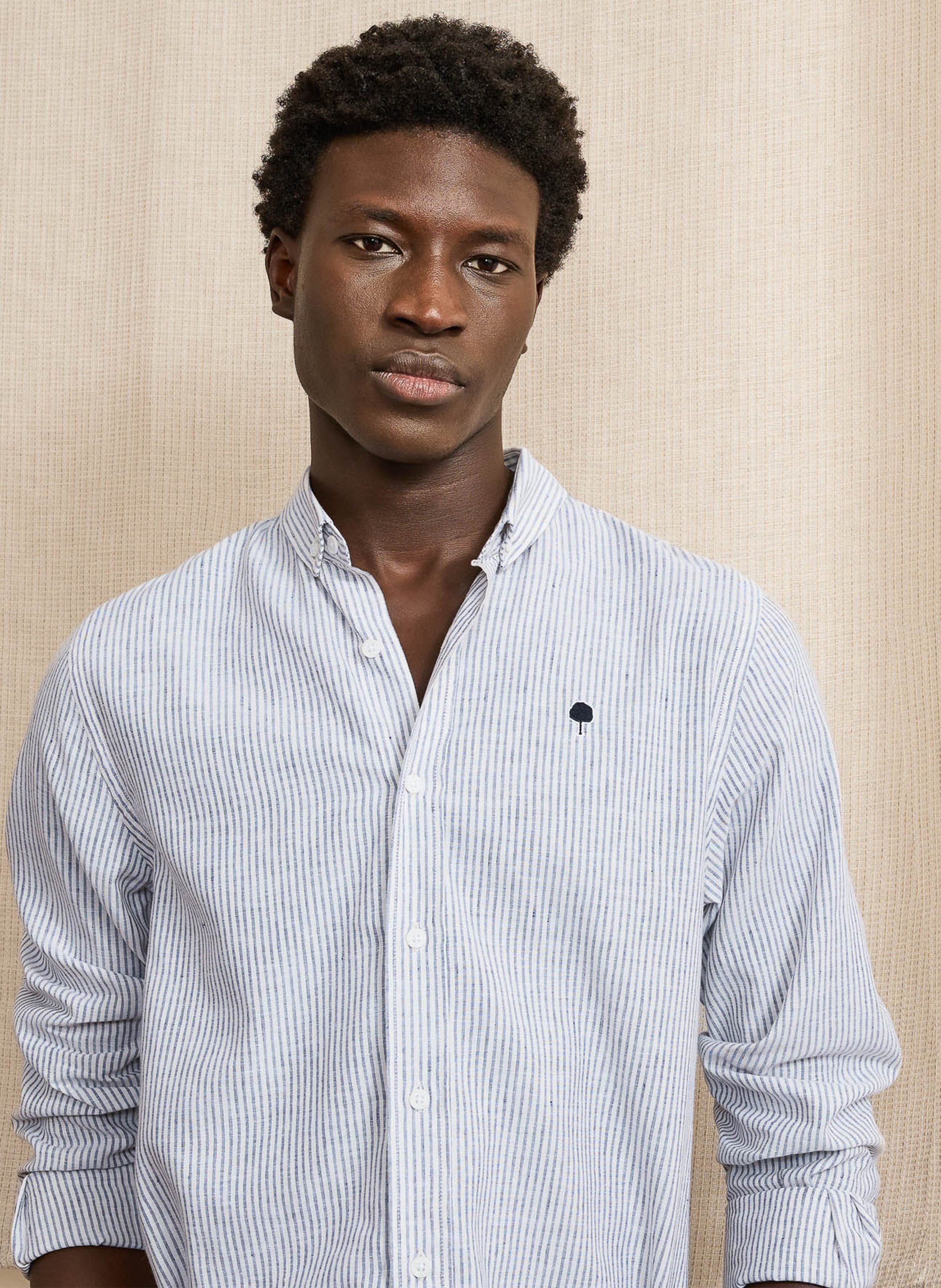 Rechte gestreepte katoenen en linnen blouse FAGUO Beige