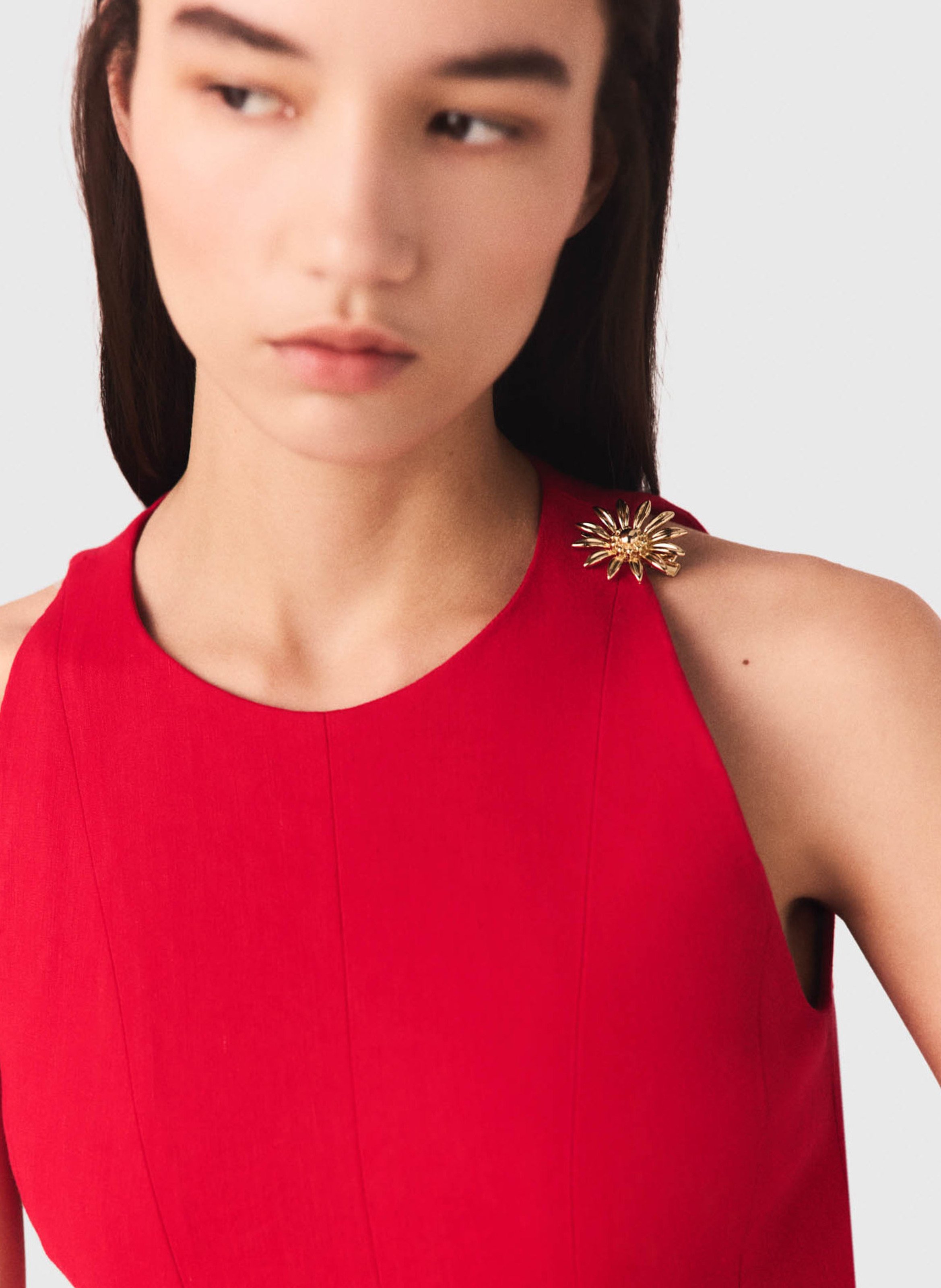 Robe courte plissée col rond en lin mélangé MAJE Rouge