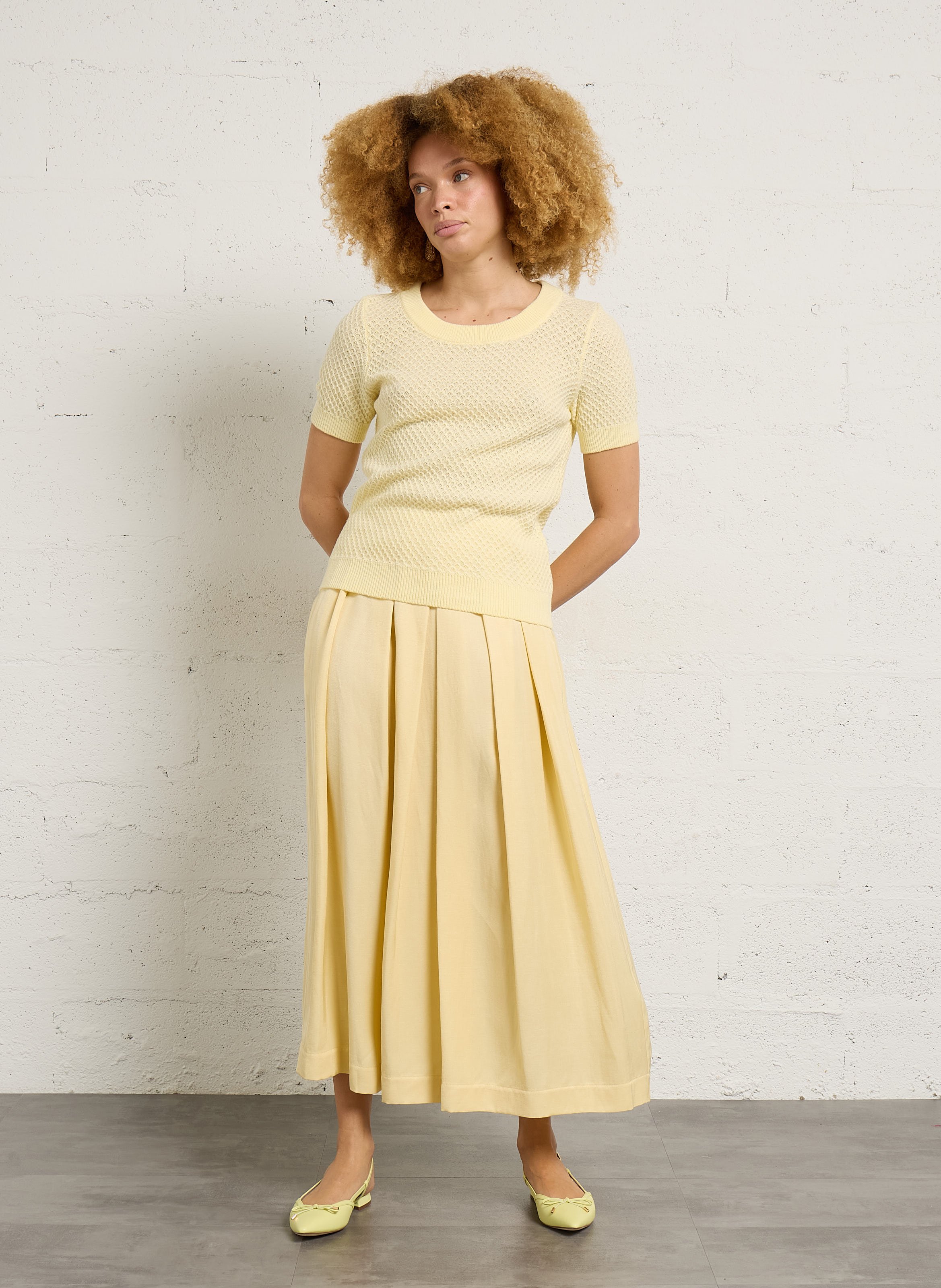 Round neck top in mixed cotton knit MAISON 123 Yellow
