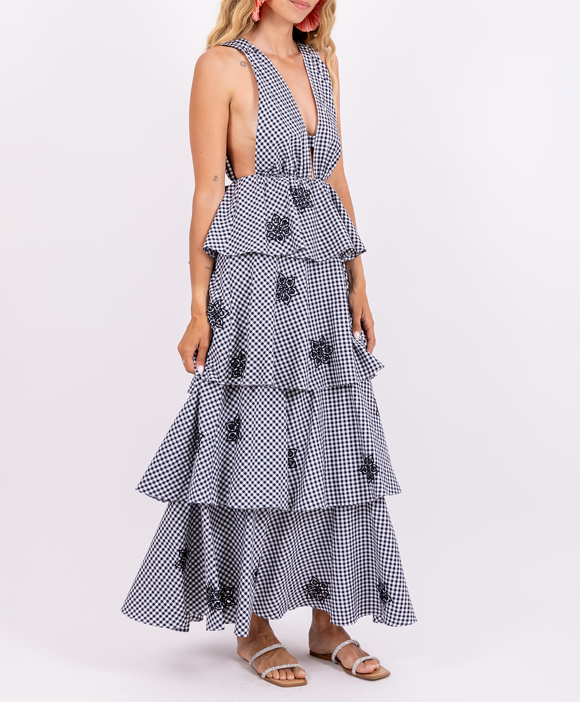 Langes Vichy Maxikleid mit Volants SUNDRESS Schwarz