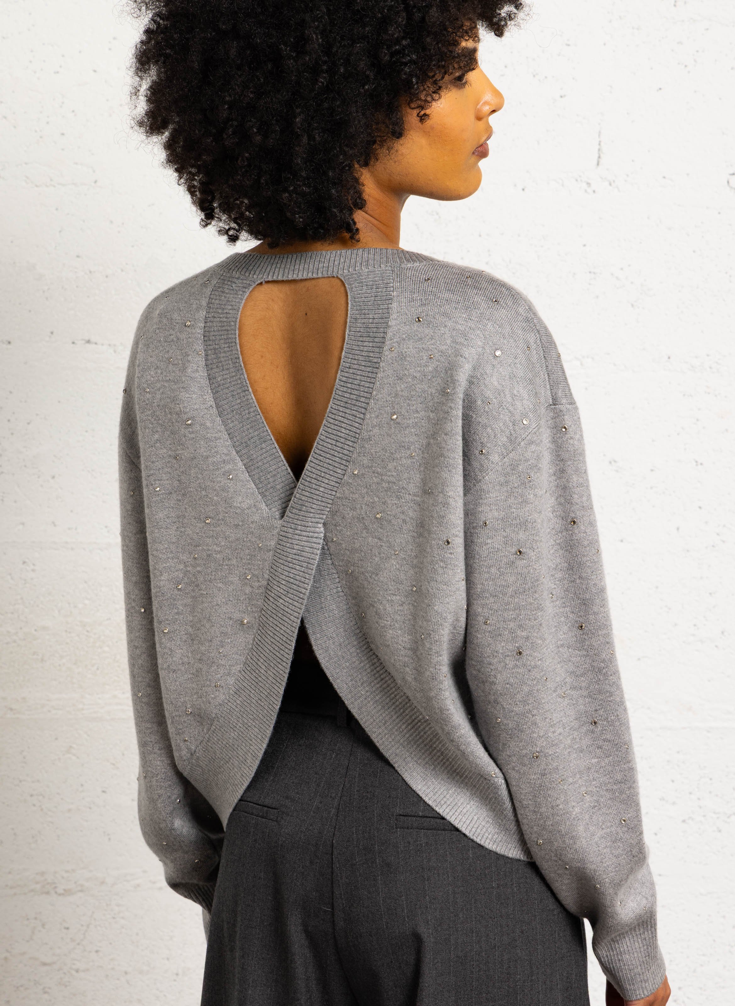 Pull à strass col rond SUNCOO Gris