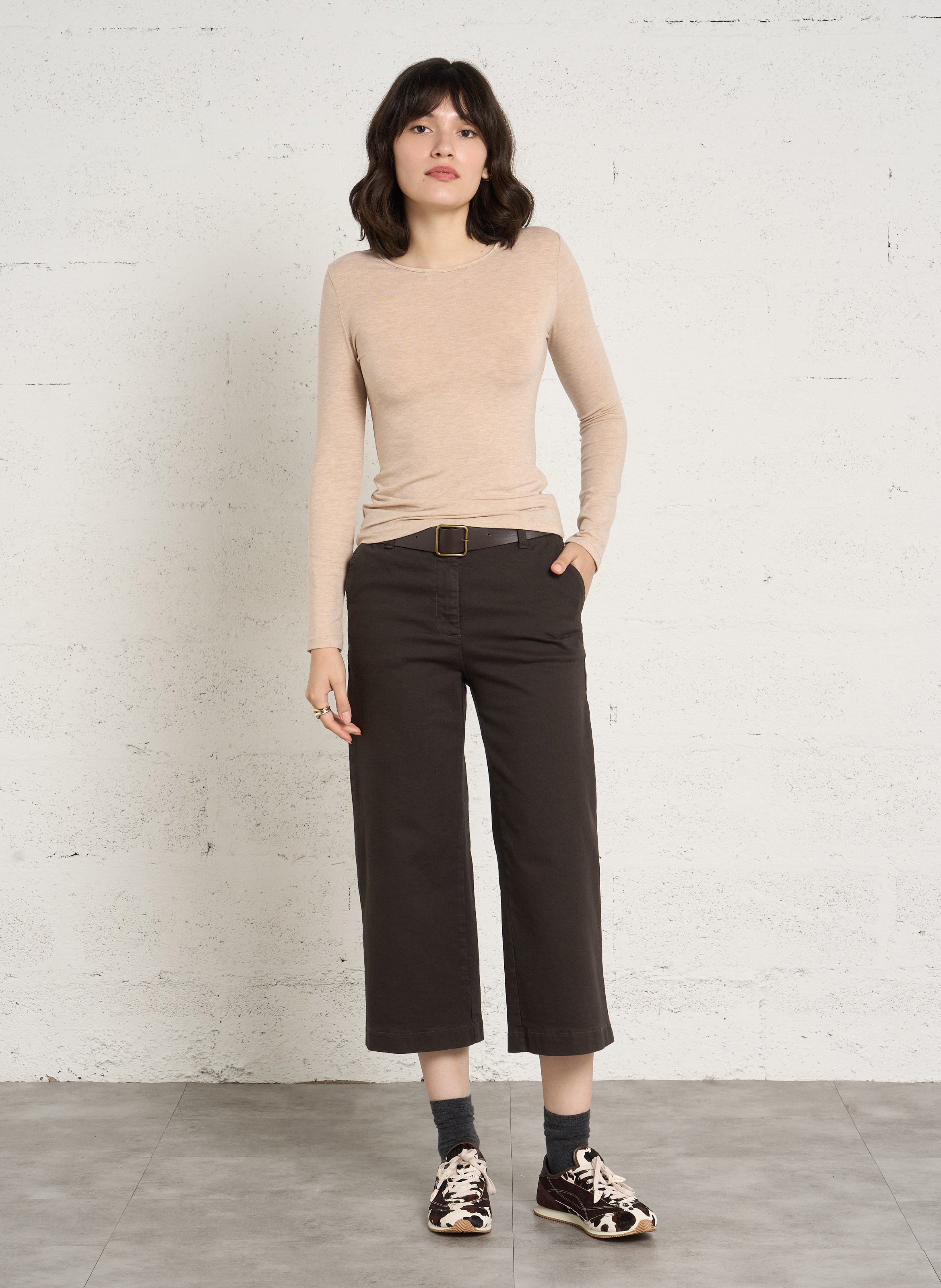 High-waisted cropped cotton-blend jeans PLEASE Brown