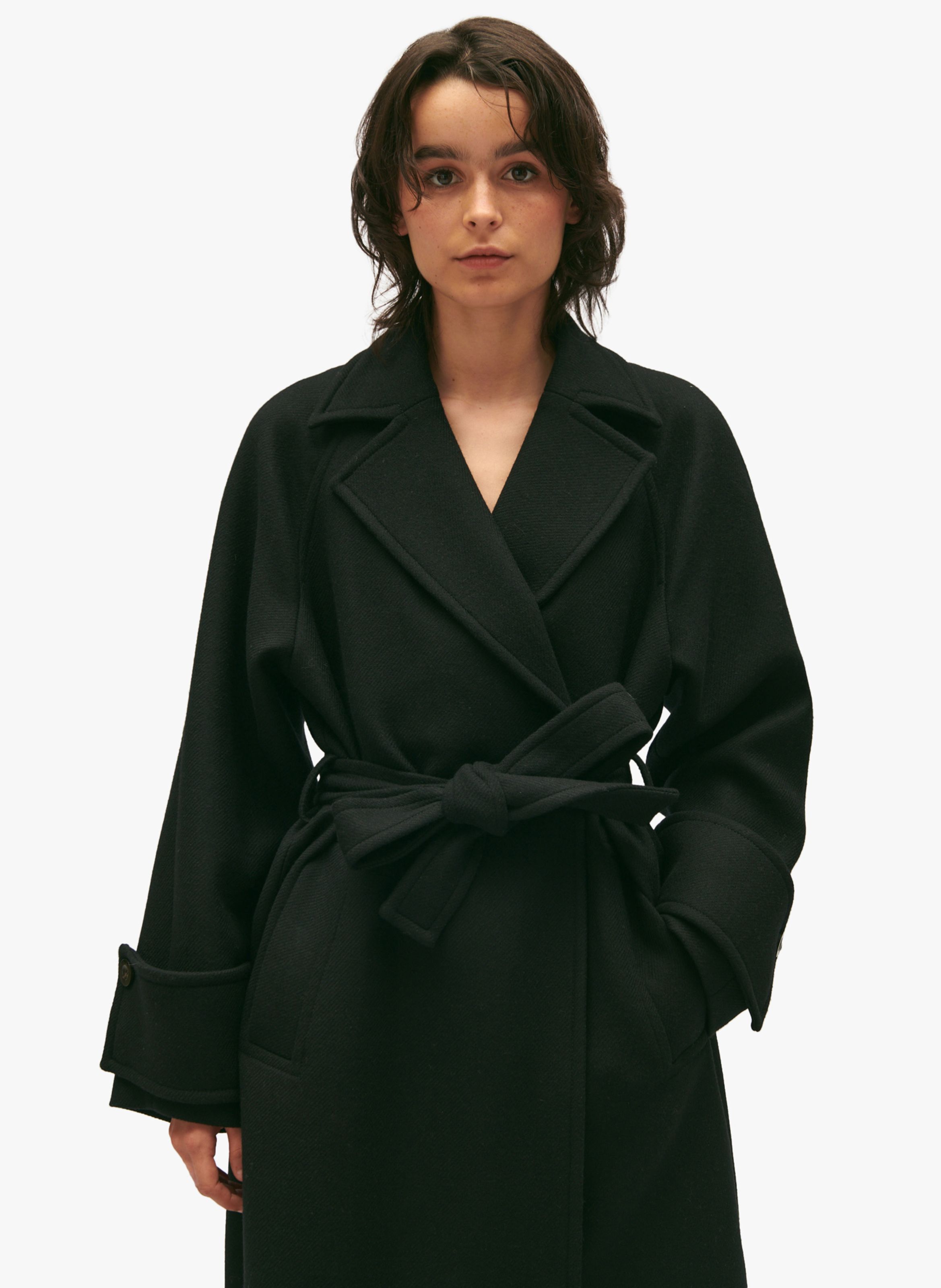 Manteau col tailleur en laine m lang e Noir