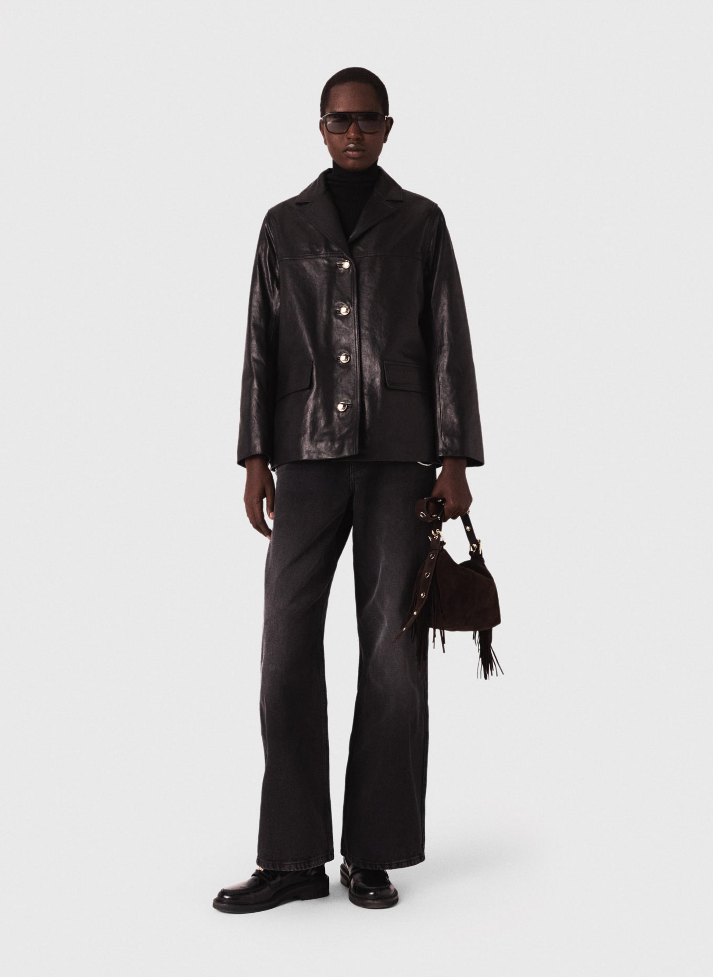 Veste col tailleur en cuir MAJE Noir