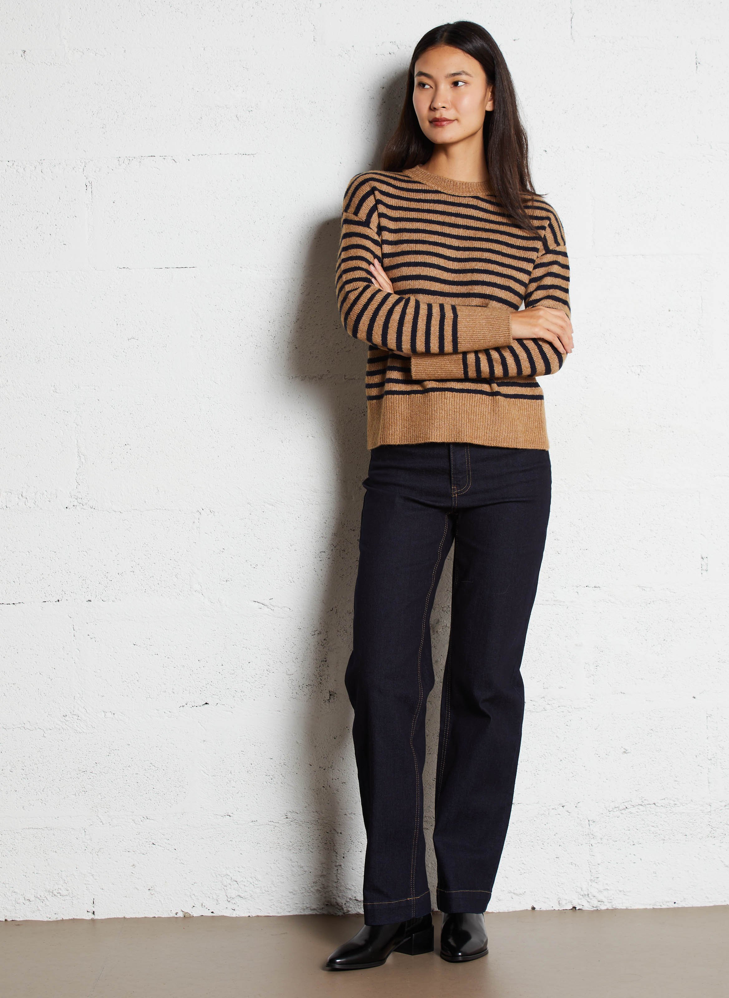 Pull droit col rond rayé en maille mélangée SUD EXPRESS Beige