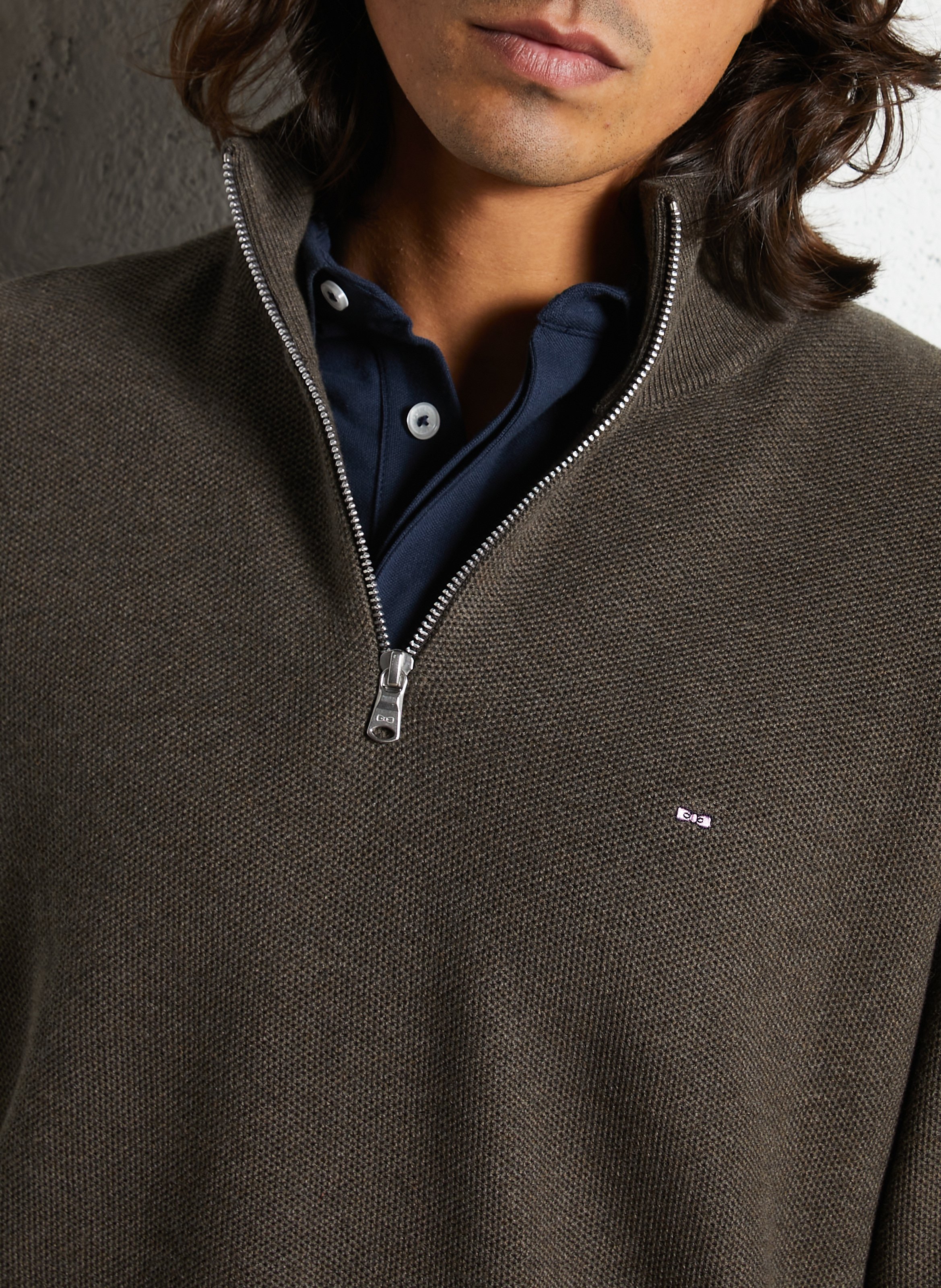 Pull droit col montant brodé en coton EDEN PARK Marron