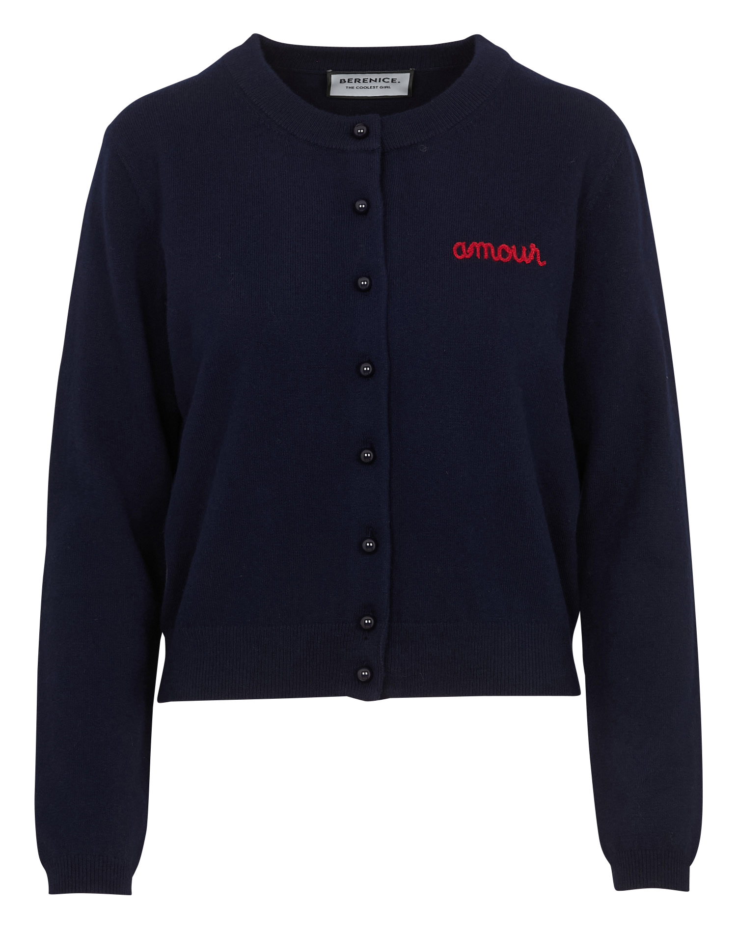 Gerader Strickweste mit Rundhalsausschnitt und Merinowolle-Stickerei BERENICE Blau