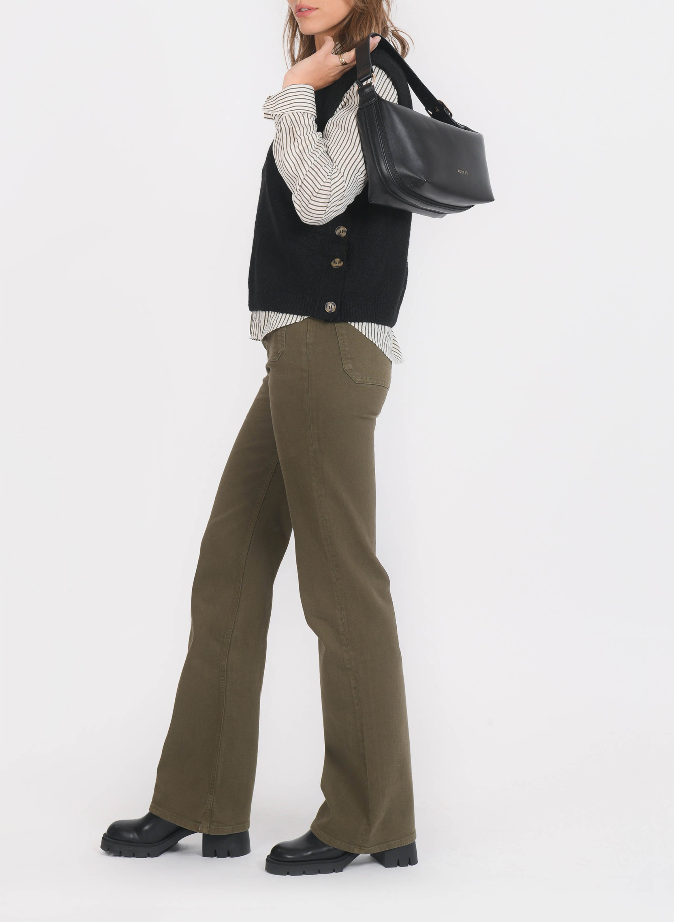 Pantalon flare uni taille haute KOOKAI Kaki