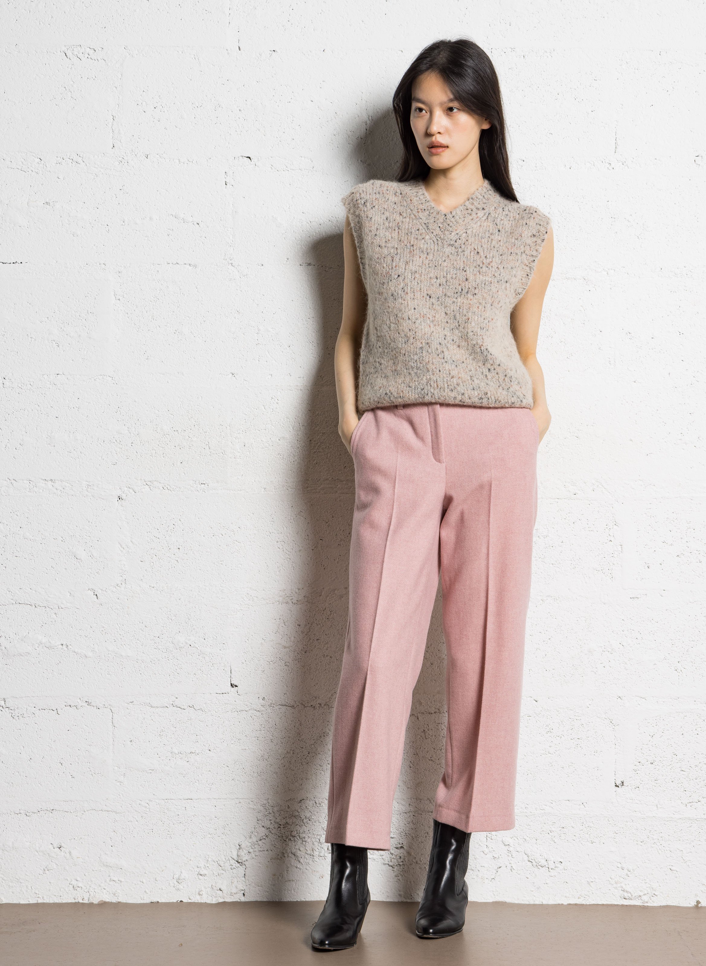 Pull sans manches col V en maille chinée MAISON 123 Beige