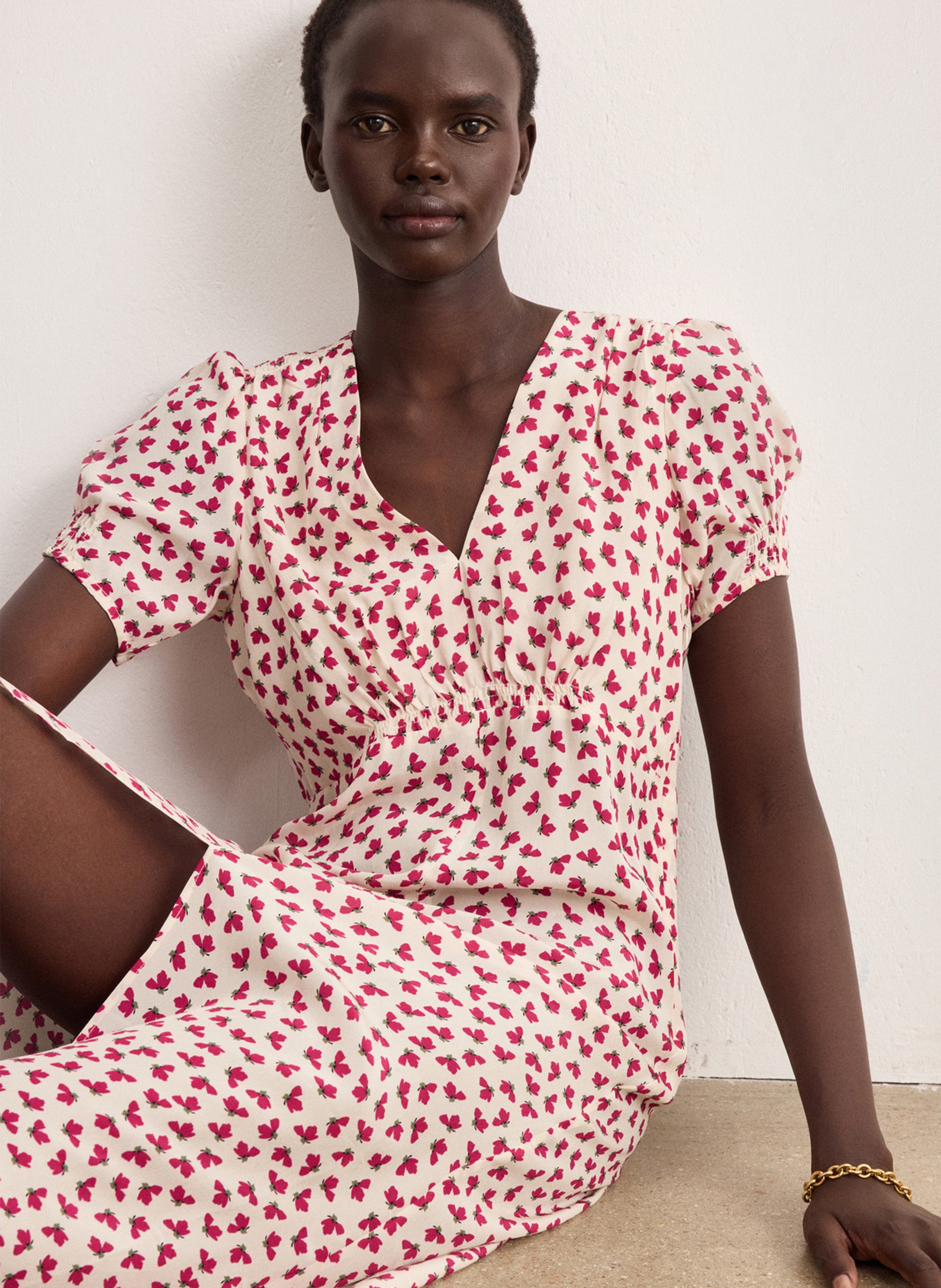 Robe longue col V imprimée PABLO Beige