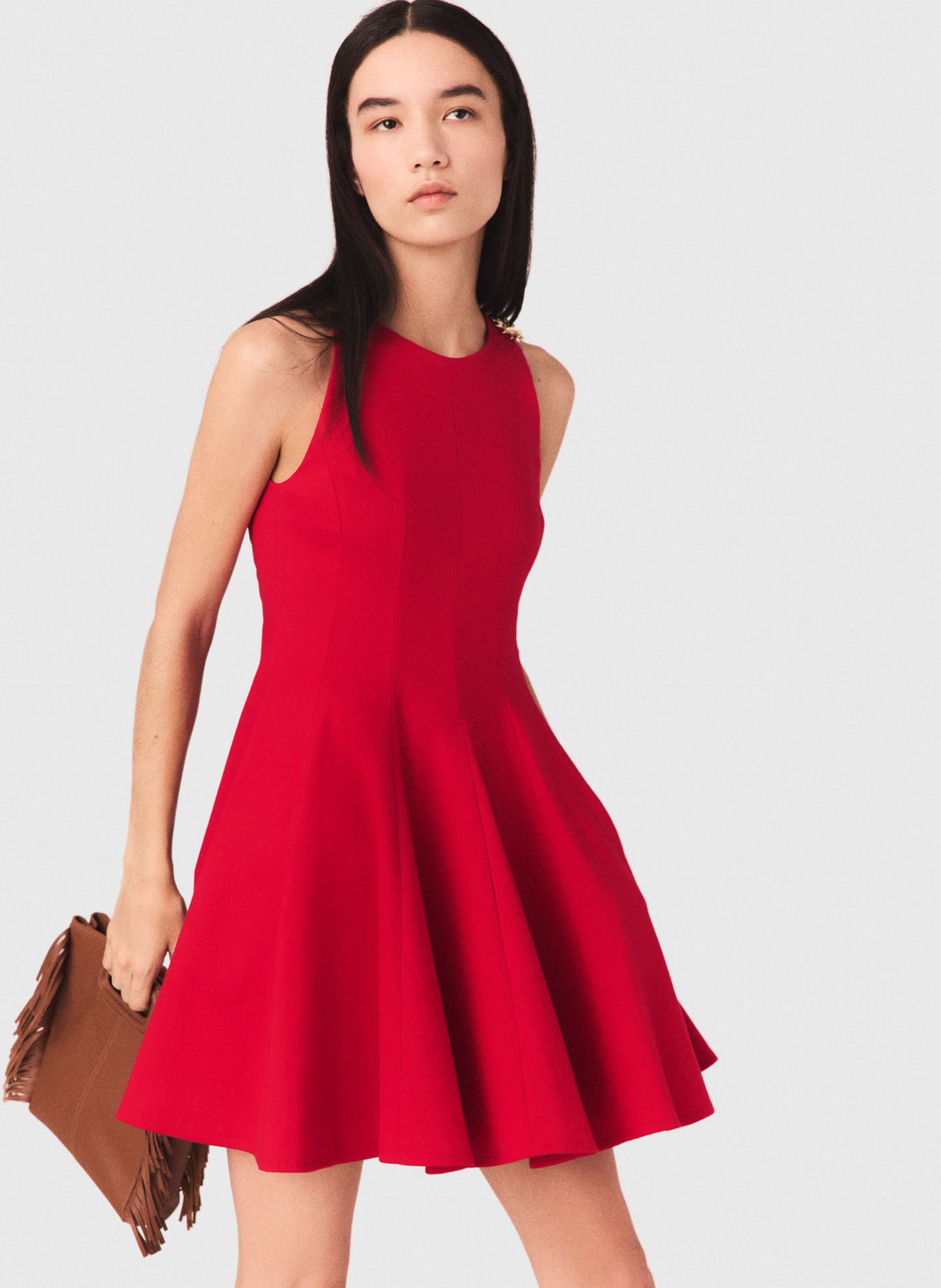 Robe courte plissée col rond en lin mélangé MAJE Rouge