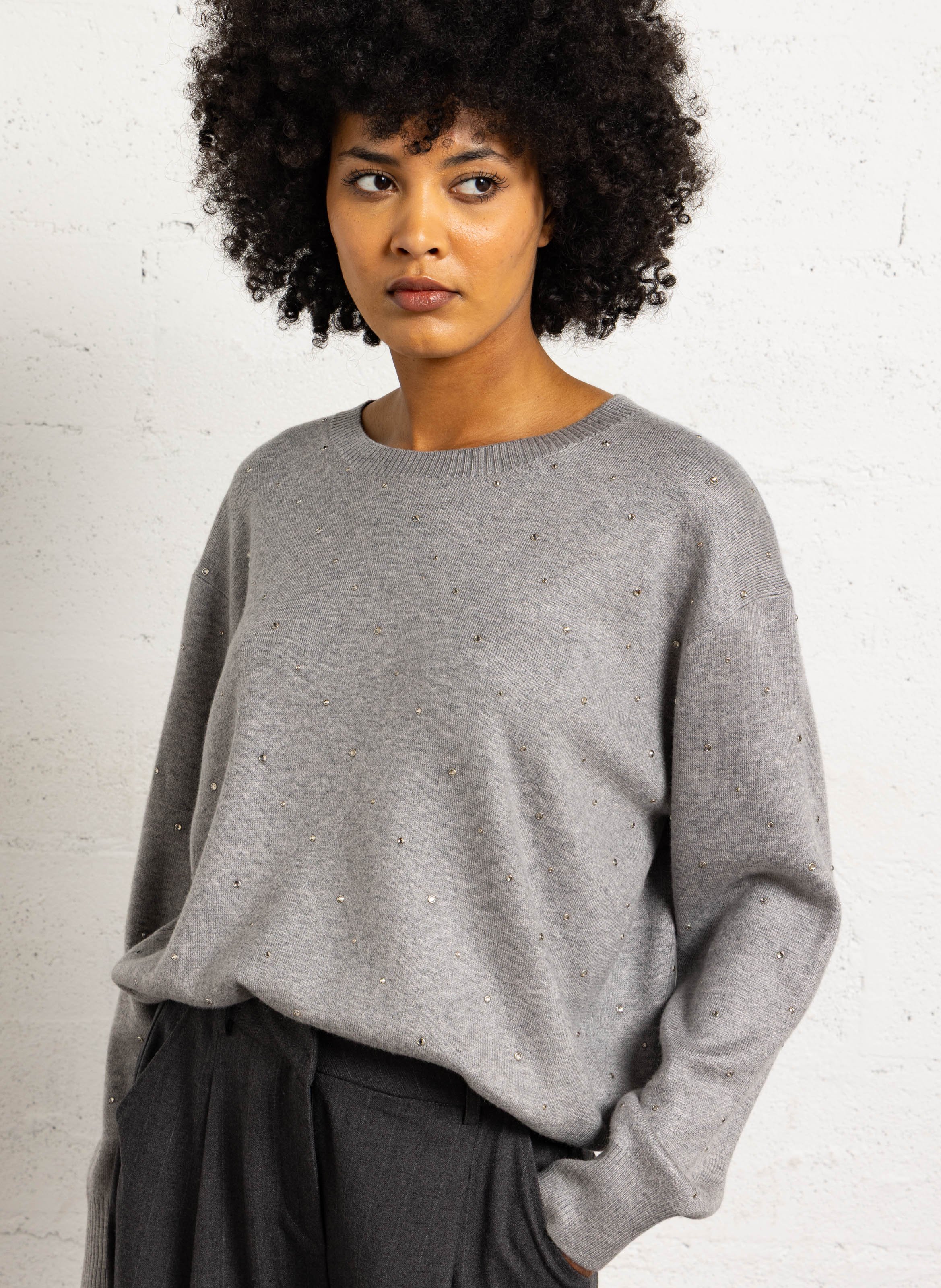 Pull à strass col rond SUNCOO Gris