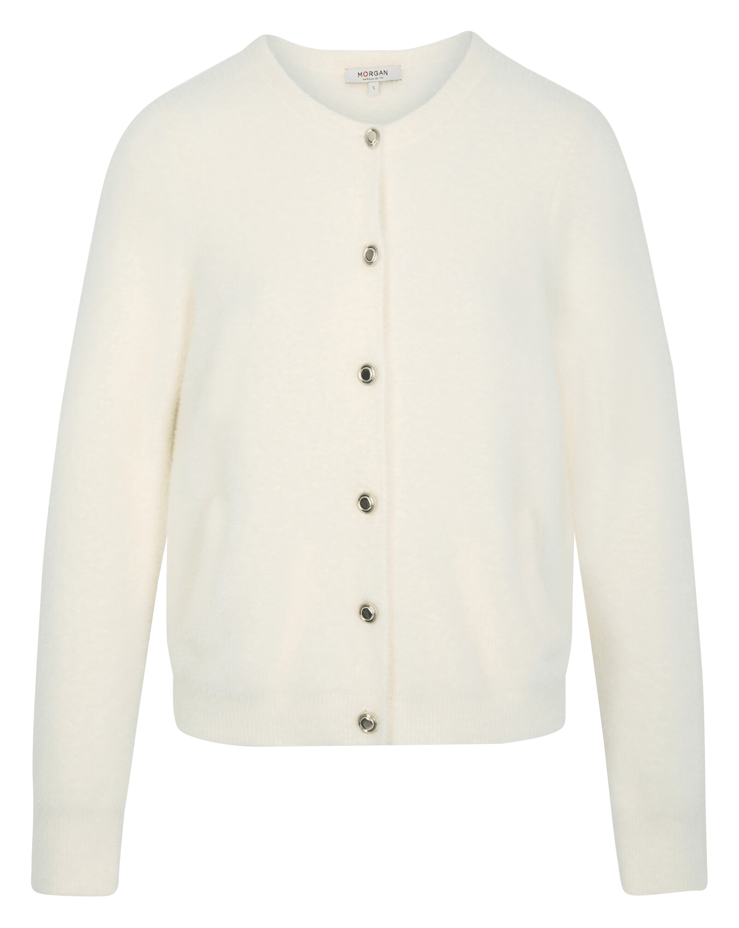 Gerade geschnittene, einfarbige Strickjacke mit Rundhalsausschnitt und Knopfleiste MORGAN Beige