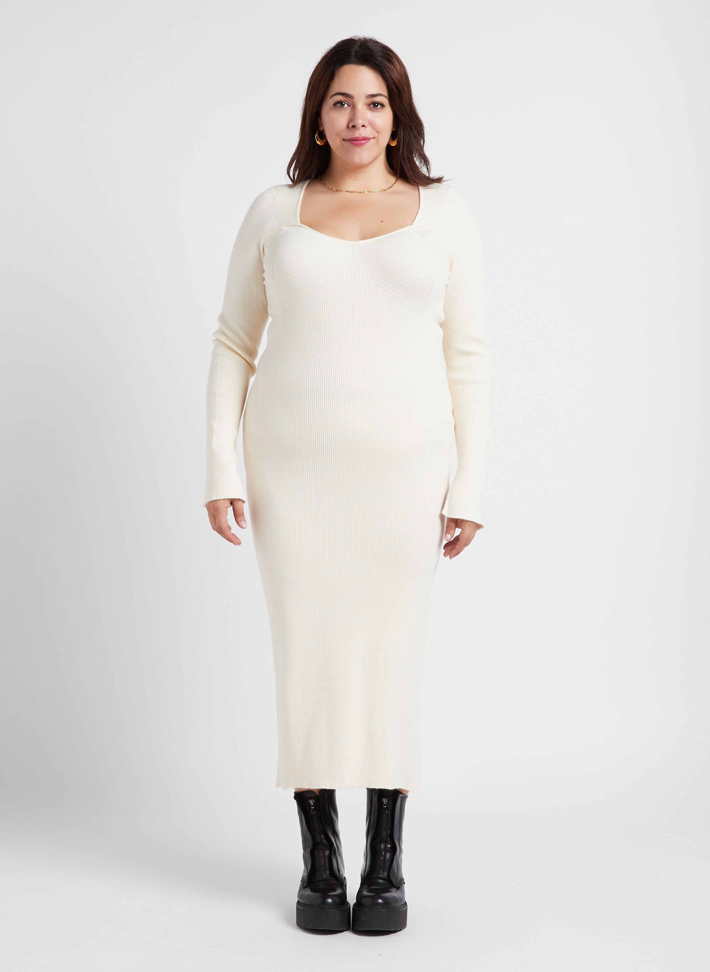 Robe longue col rond en maille c tel e Blanc