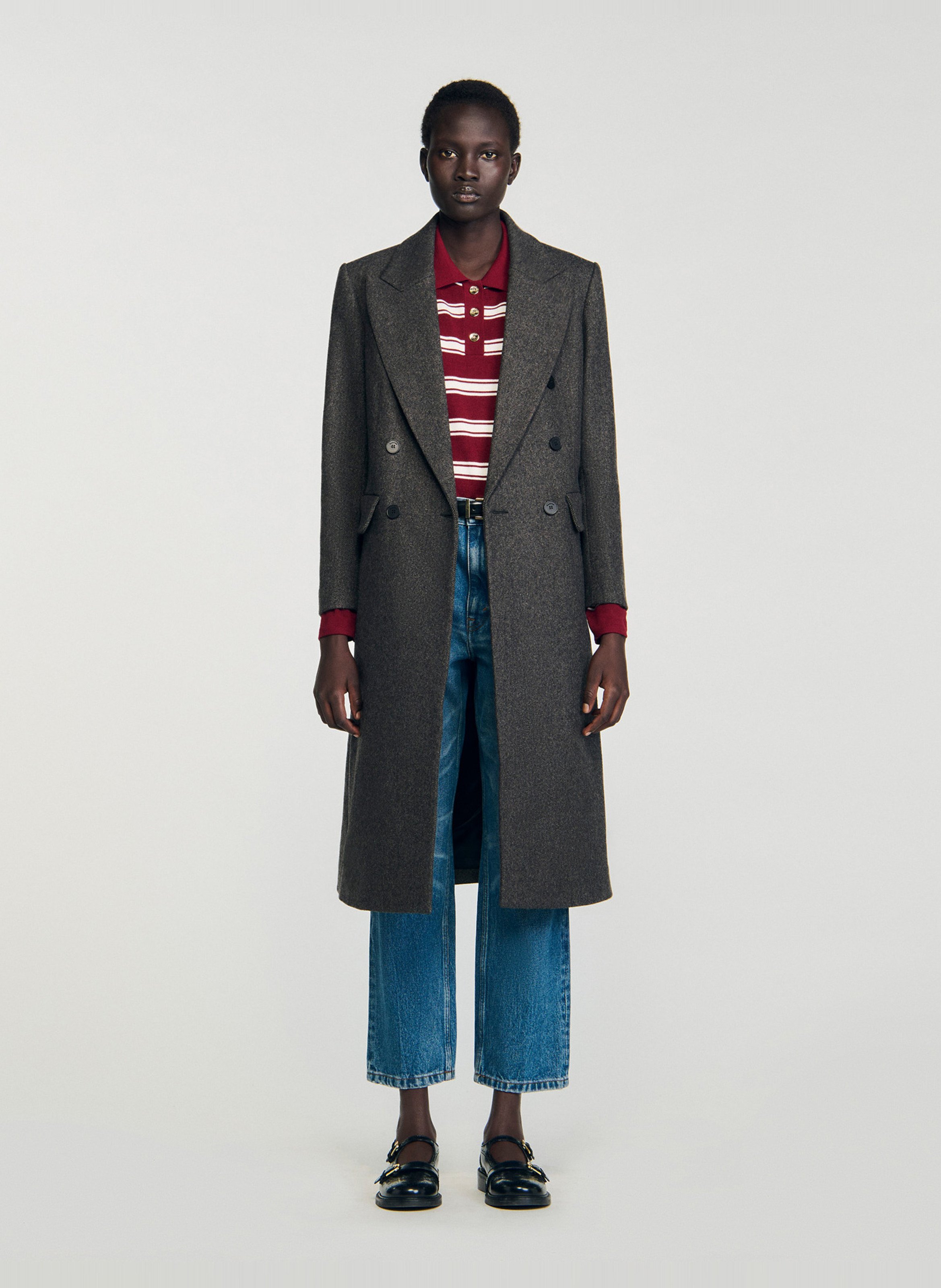 Effen, rechte, wollen jas met lange mouw SANDRO Grijs