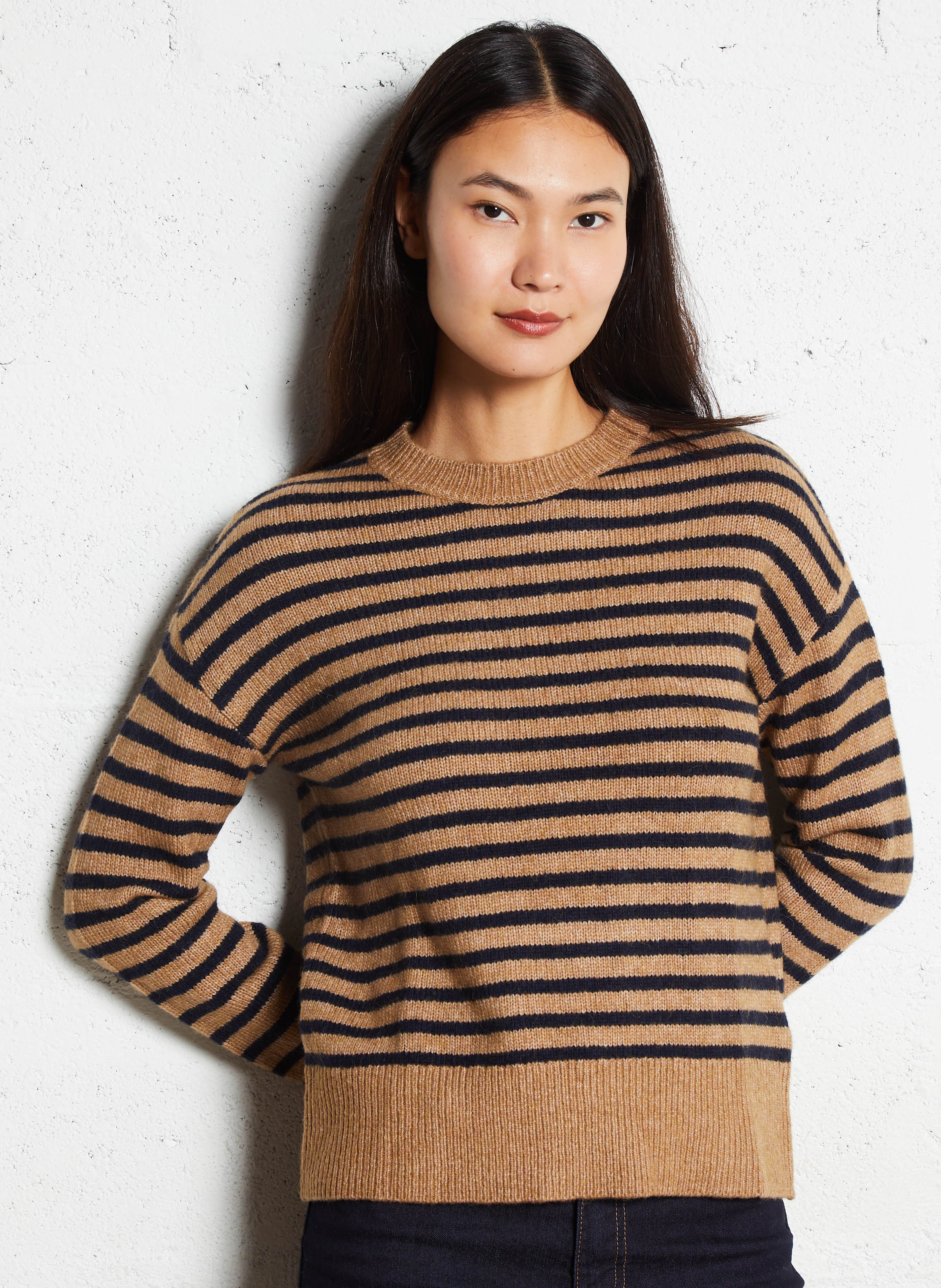 Pull droit col rond rayé en maille mélangée SUD EXPRESS Beige