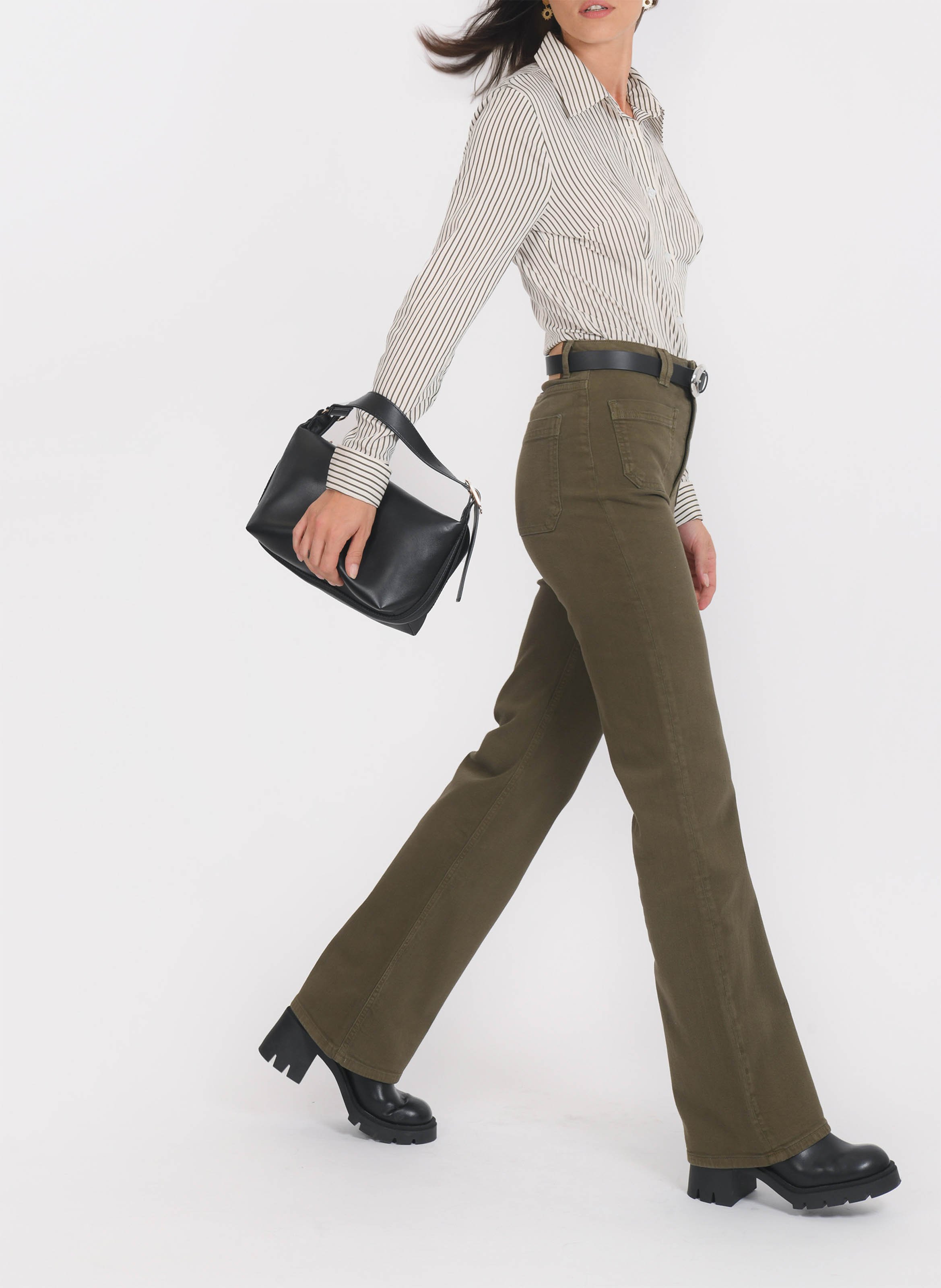 Pantalon flare uni taille haute KOOKAI Kaki