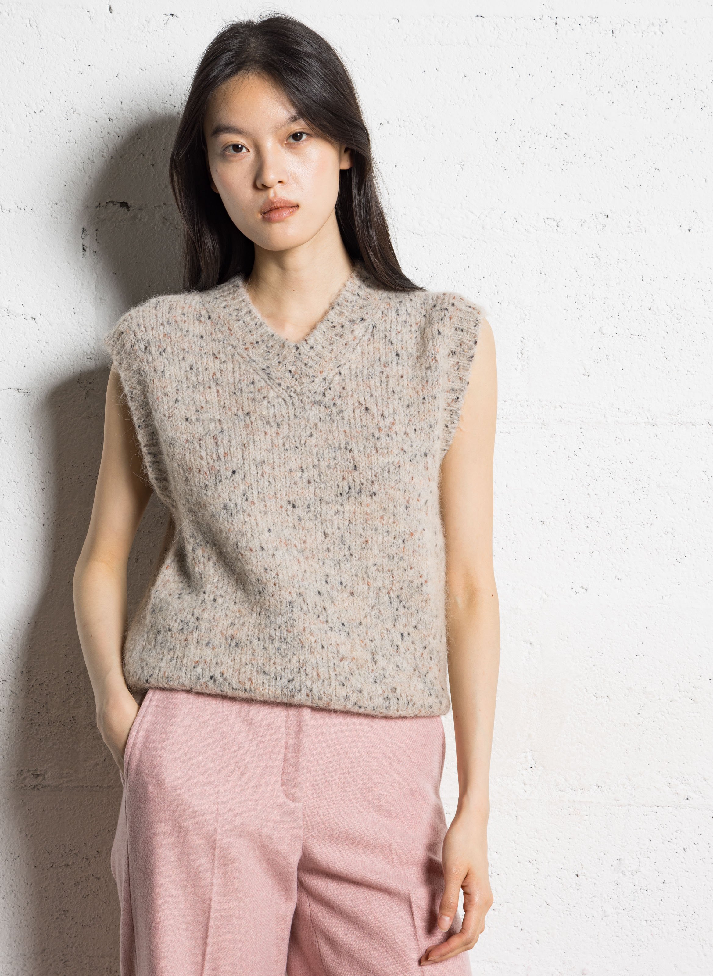 Pull sans manches col V en maille chinée MAISON 123 Beige