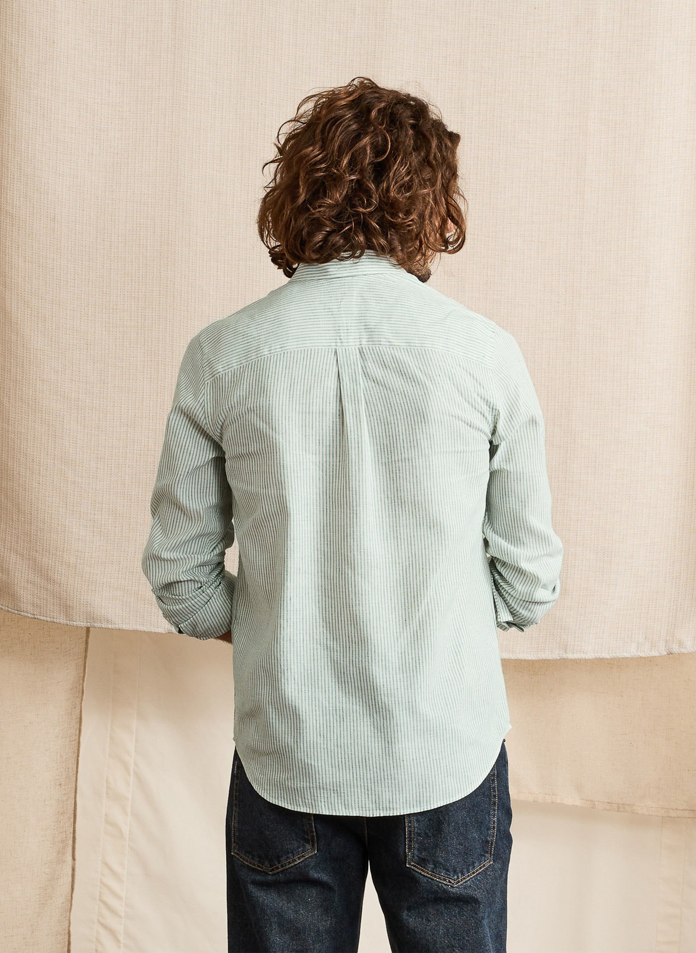 Rechte gestreepte katoenen en linnen blouse FAGUO Groen