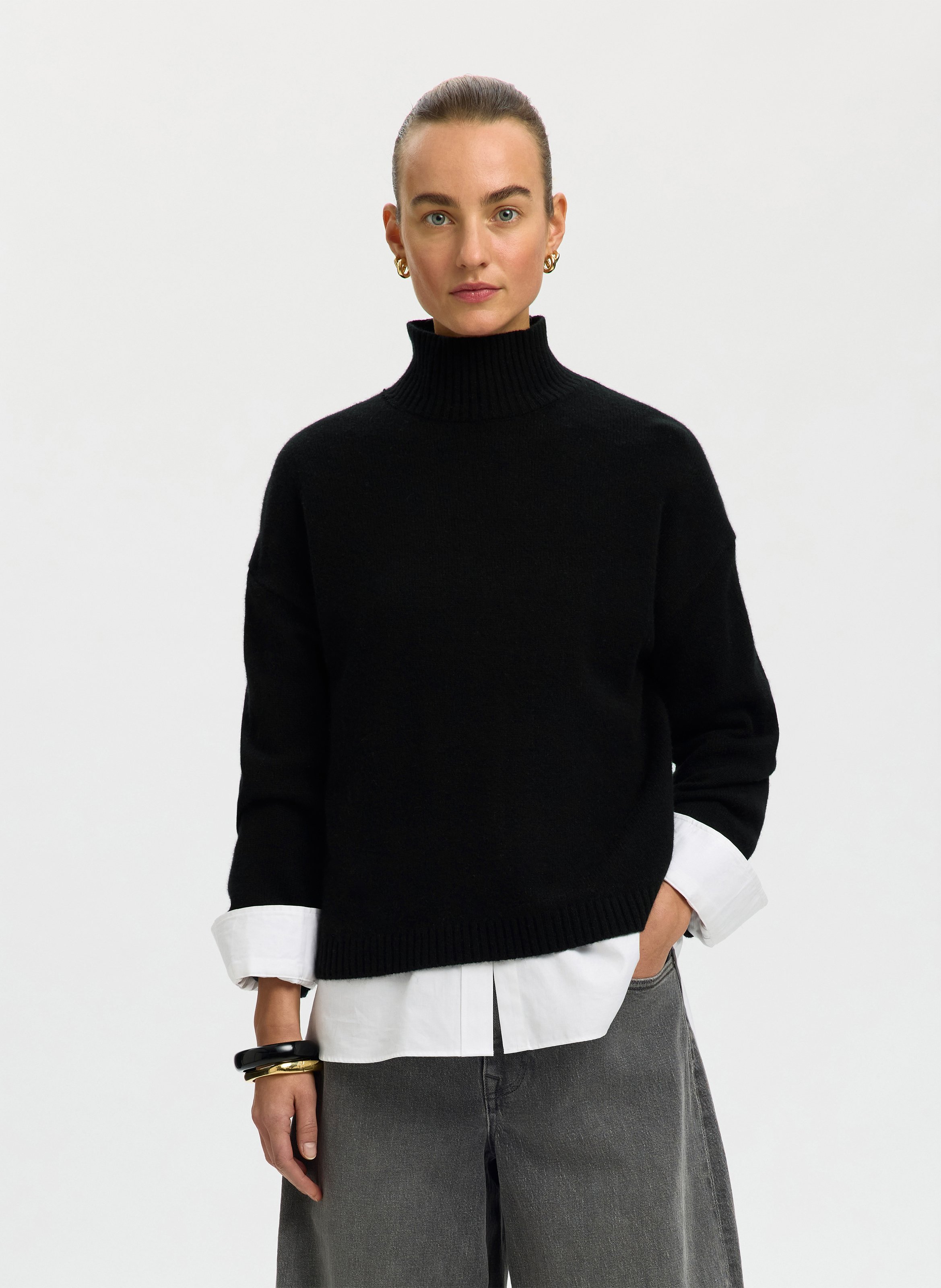 Rechte trui van gemengde wol en kasjmier SELECTED Zwart