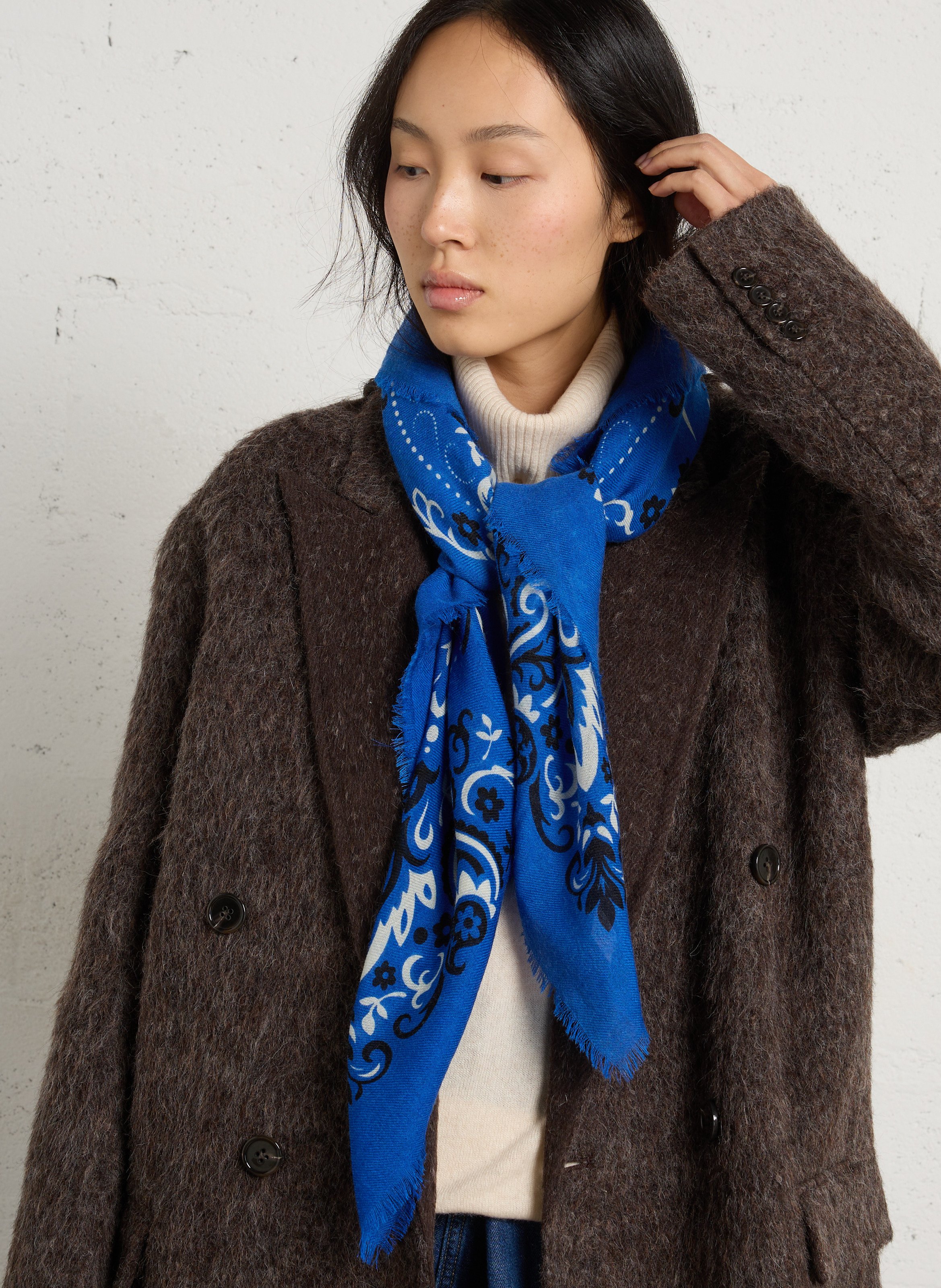 Haddock wool and silk printed scarf MAISON LECOMTE FLAMENT Blue