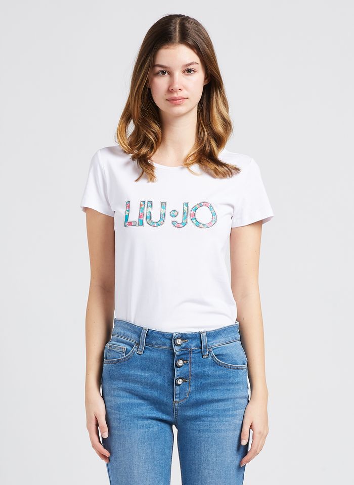 Camiseta Algodón Elástico Con Cuello Y Strass B Co Flower Miami Liu Jo - Mujer | Place des Tendances