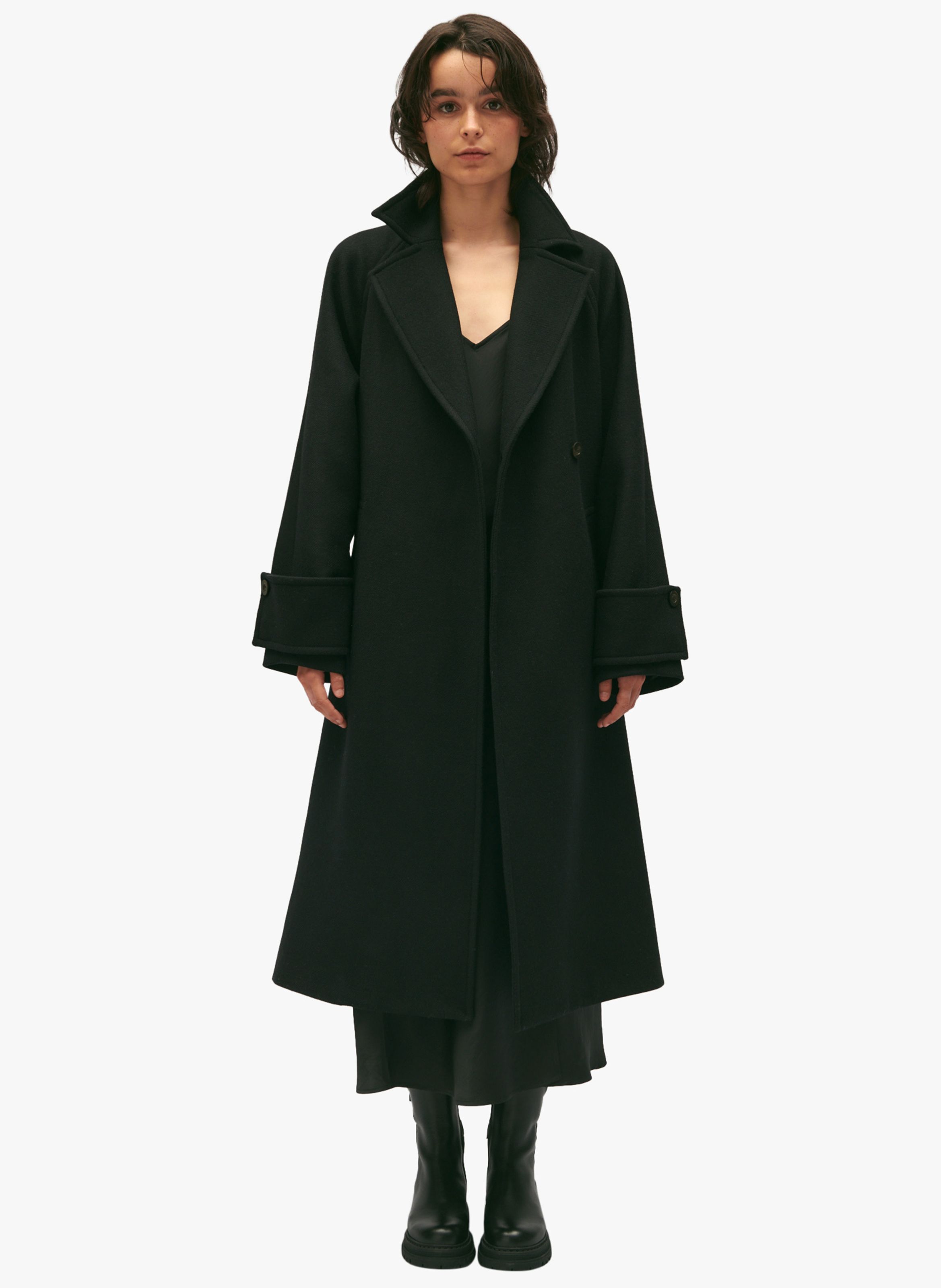 Manteau col tailleur en laine m lang e Noir