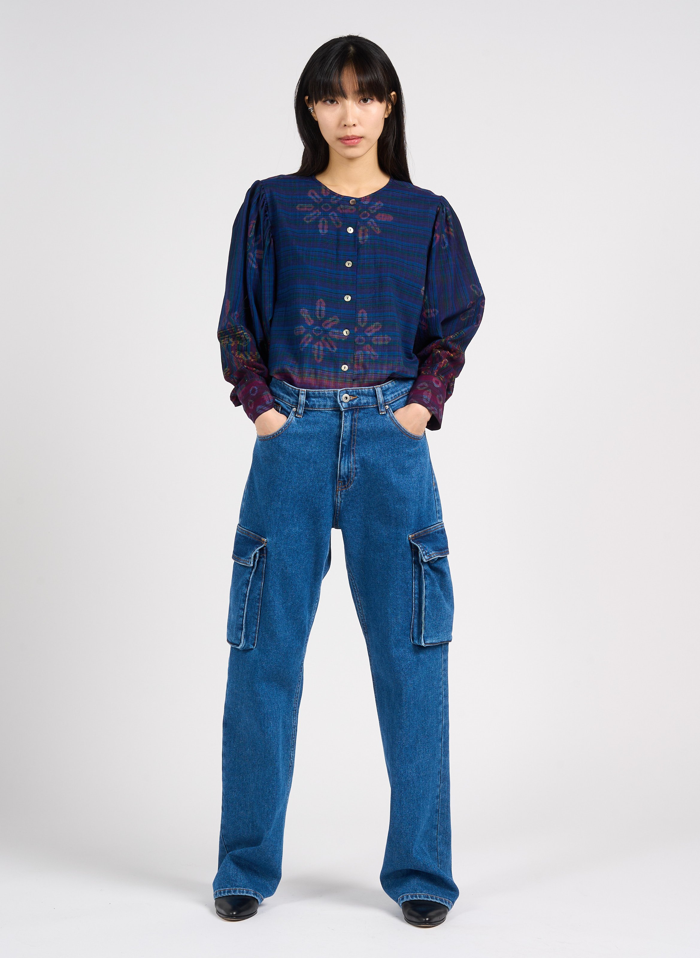 Chemise col rond imprimée en coton  Bleu