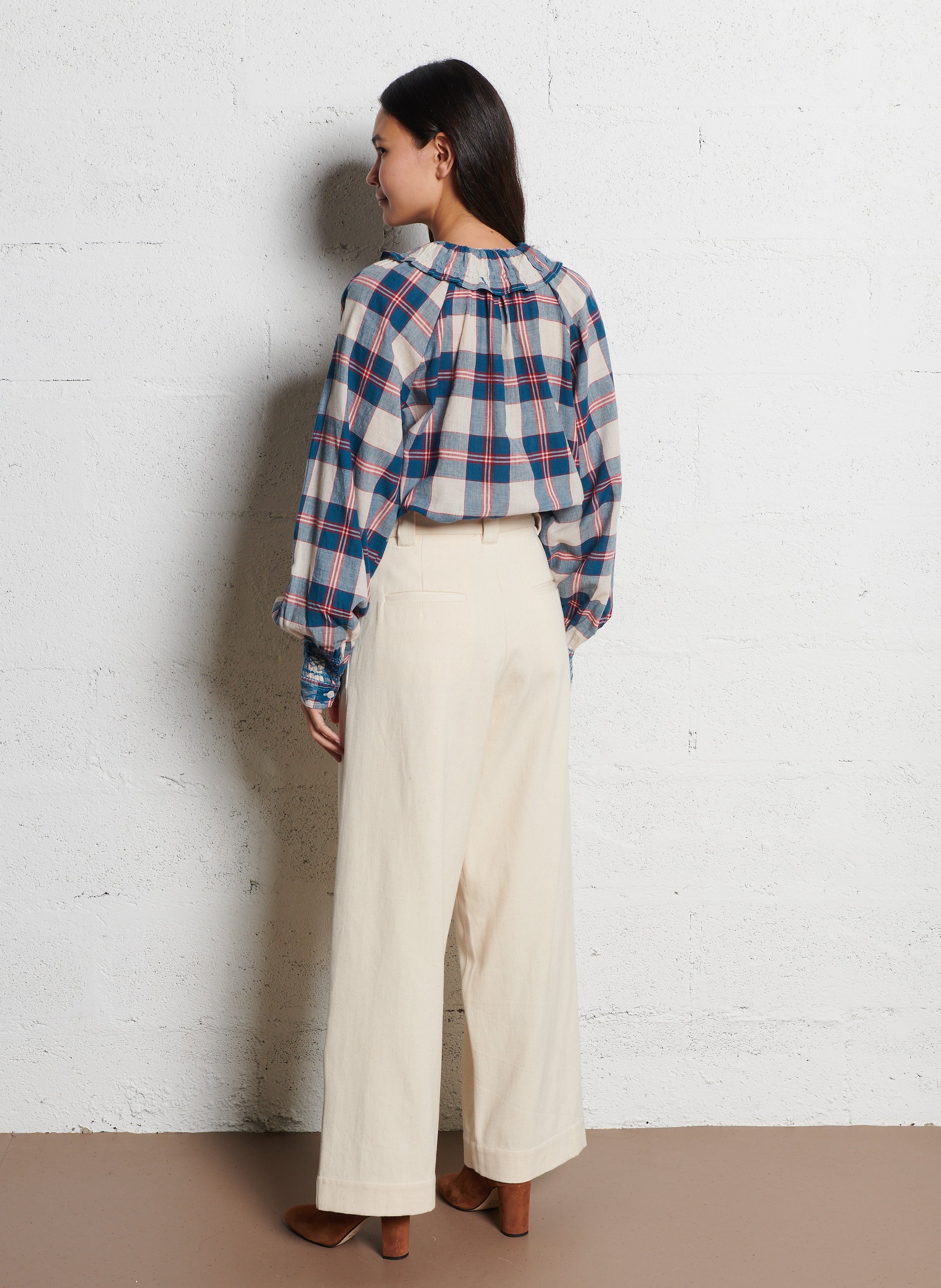 Rechte blouse met Peter Pan-kraag in ruitjespatroon V DE VINSTER Blauw