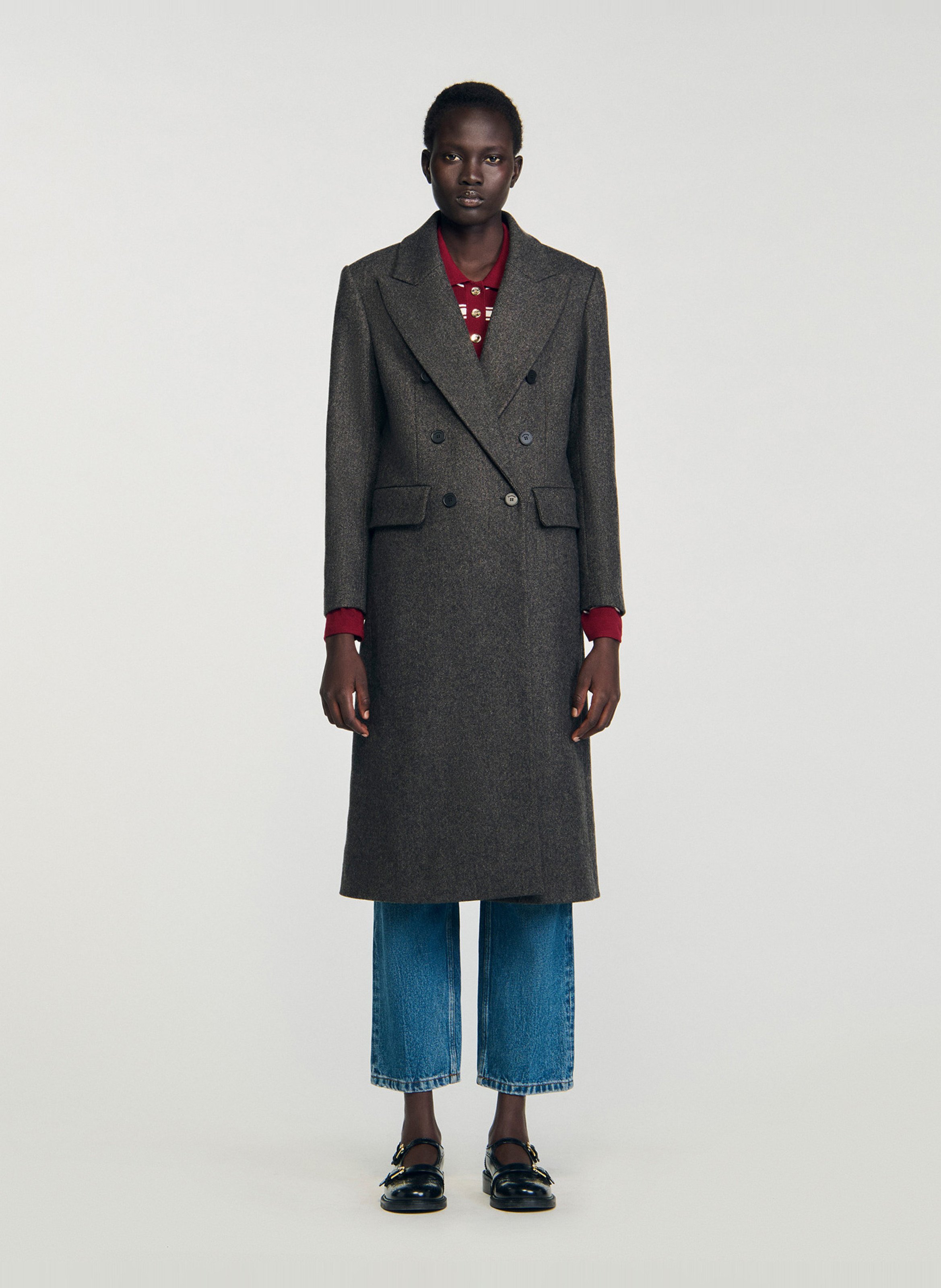 Effen, rechte, wollen jas met lange mouw SANDRO Grijs