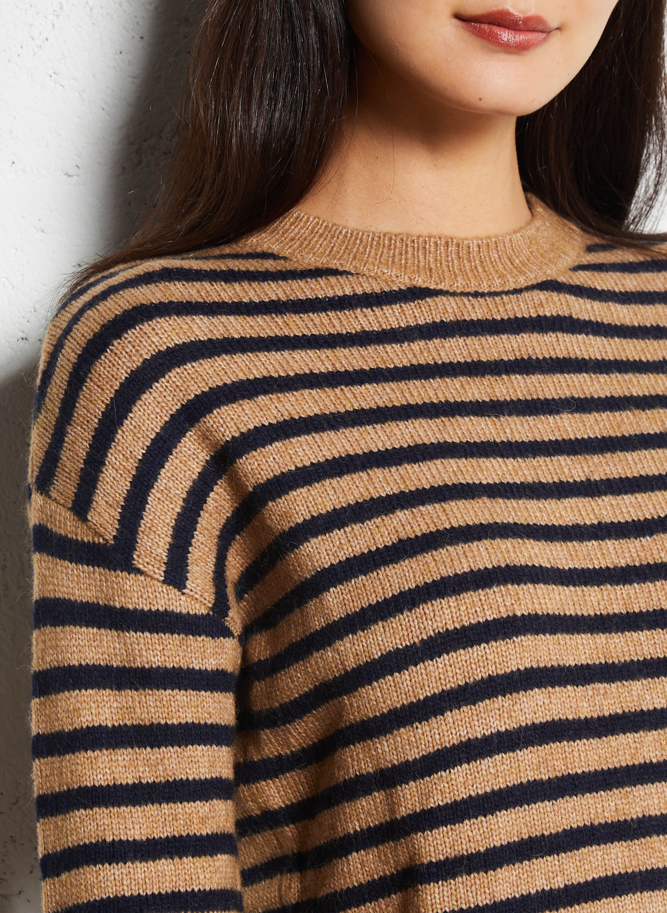 Pull droit col rond rayé en maille mélangée SUD EXPRESS Beige