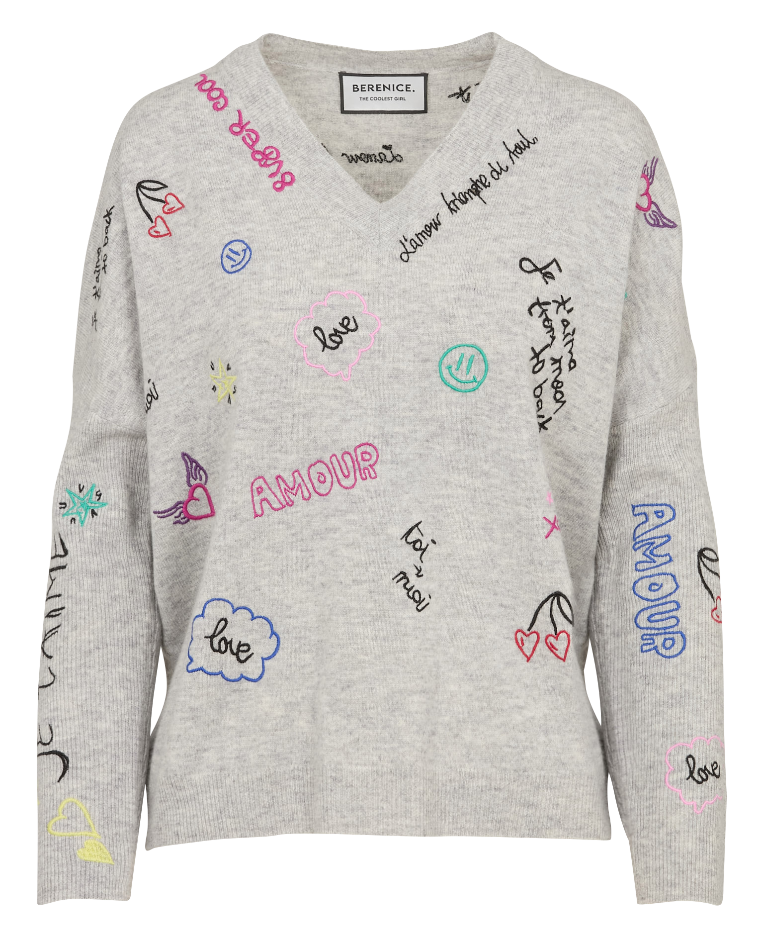 Weites V-Ausschnitt-Pullover mit Merinowolle und Stickerei BERENICE Grau