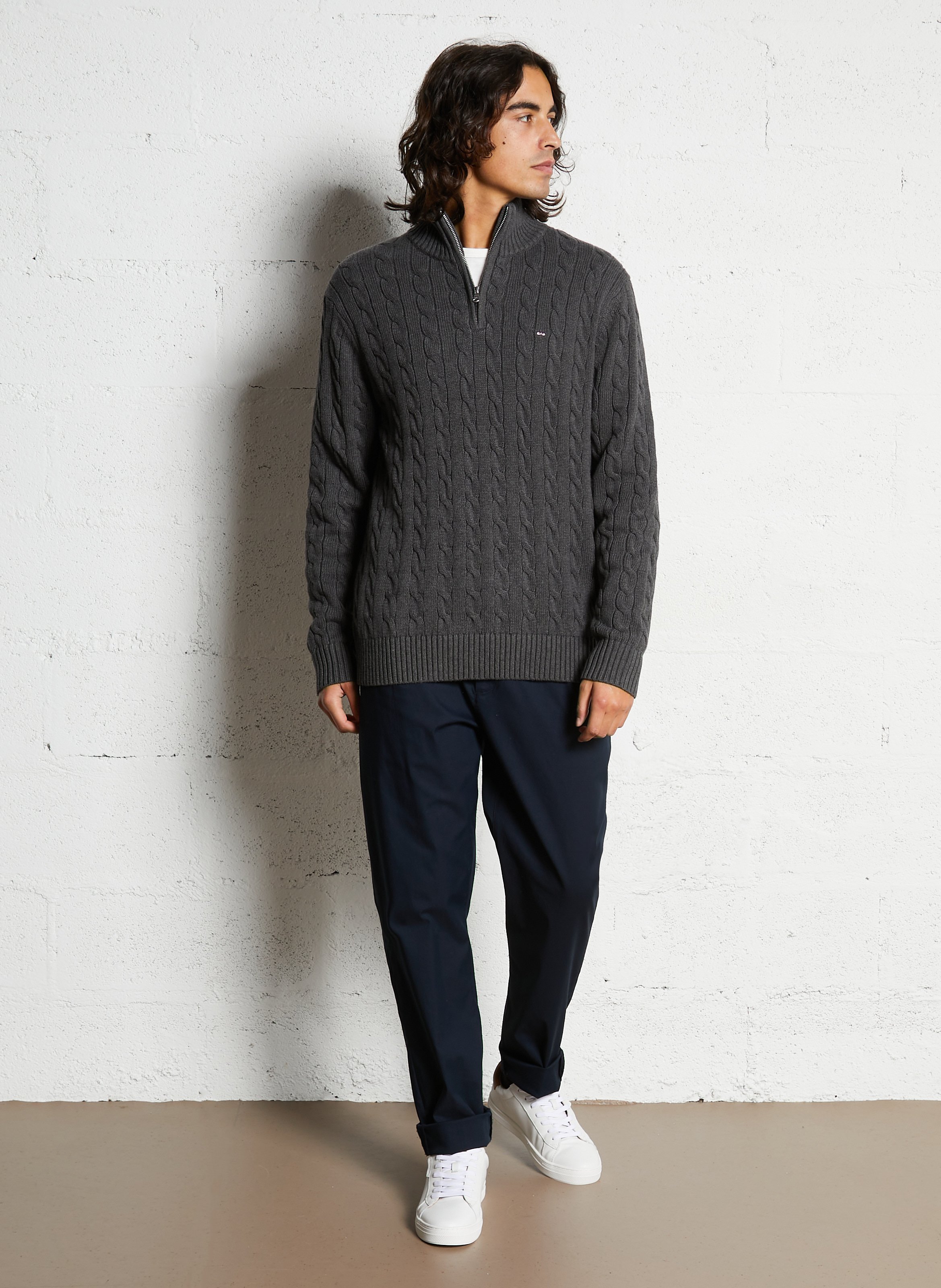 Pull droit col montant brodé en coton torsadé EDEN PARK Gris