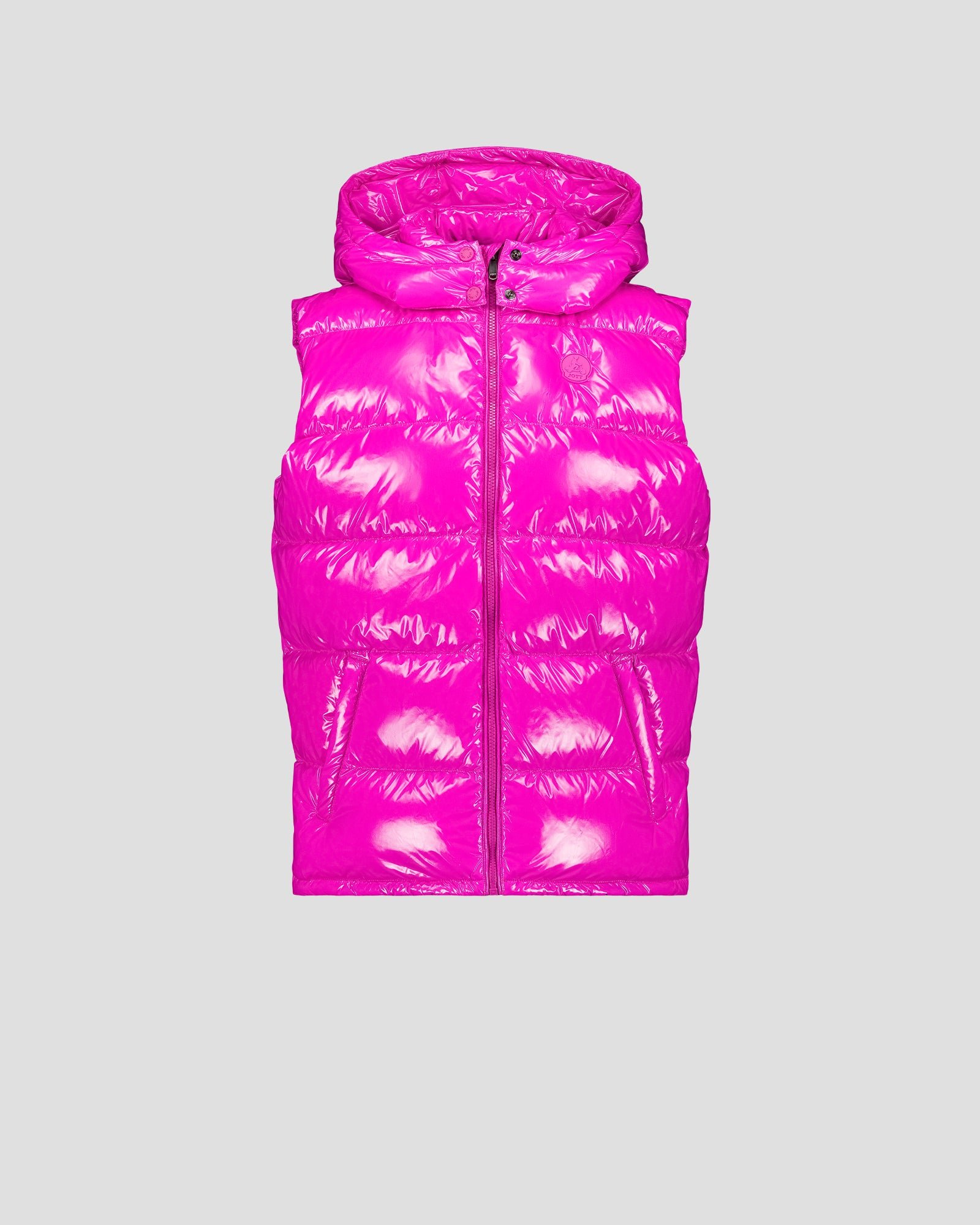 Padded sleeveless down jacket for extreme cold weather. JOTT Pink