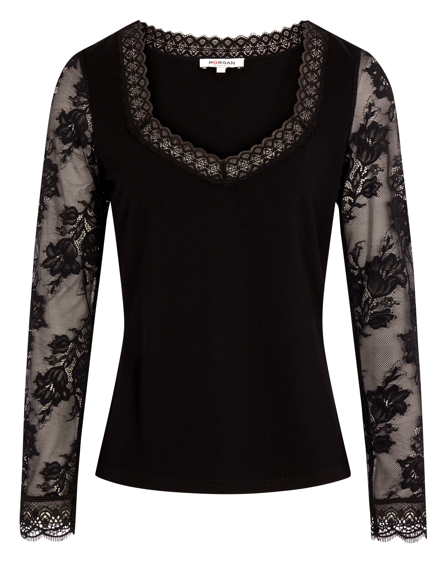 Tee-shirt cintré à manches dentelle MORGAN Noir