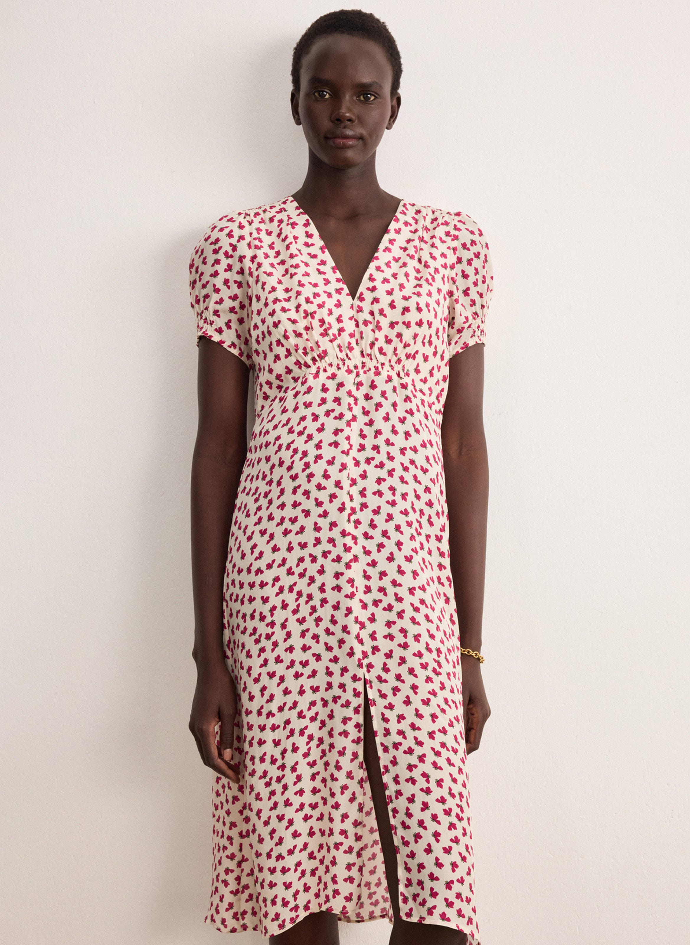 Robe longue col V imprimée PABLO Beige