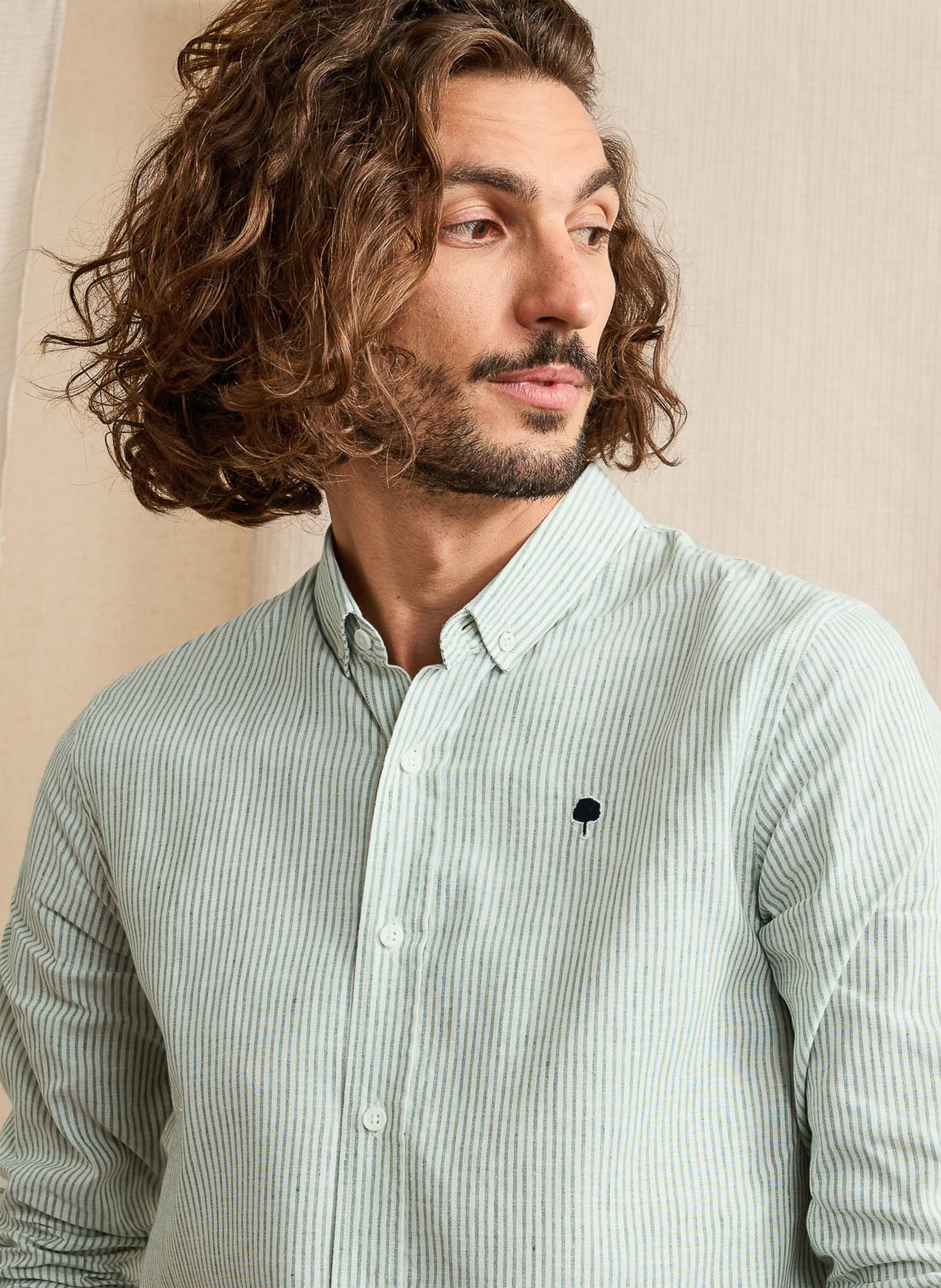 Rechte gestreepte katoenen en linnen blouse FAGUO Groen