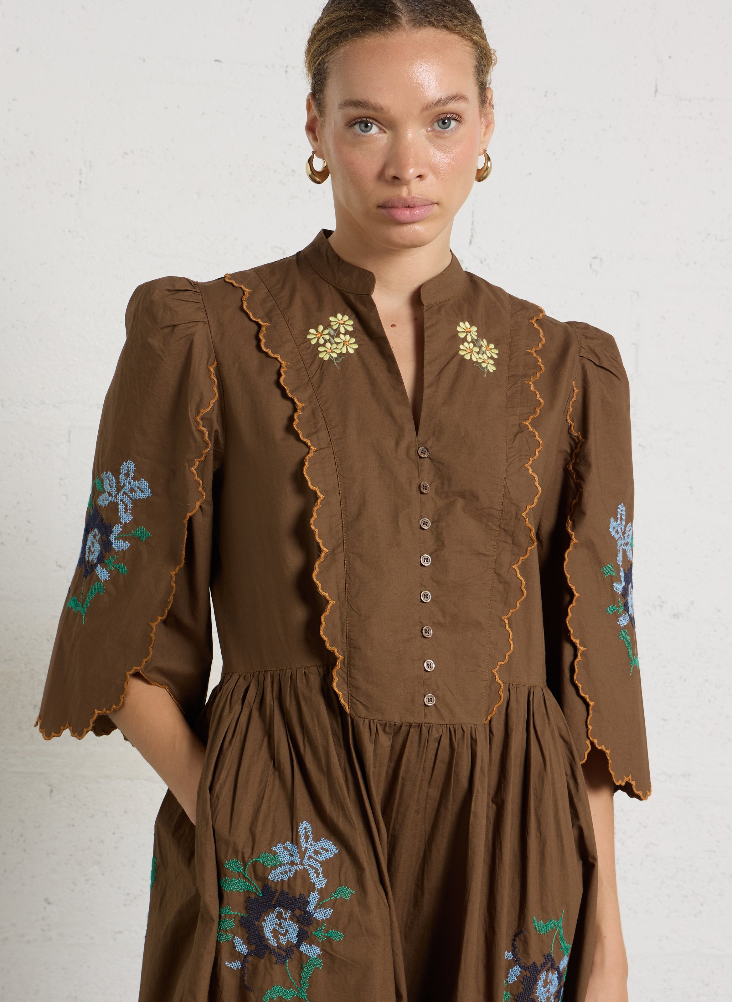 Long organic cotton V-neck dress STELLA NOVA Brown